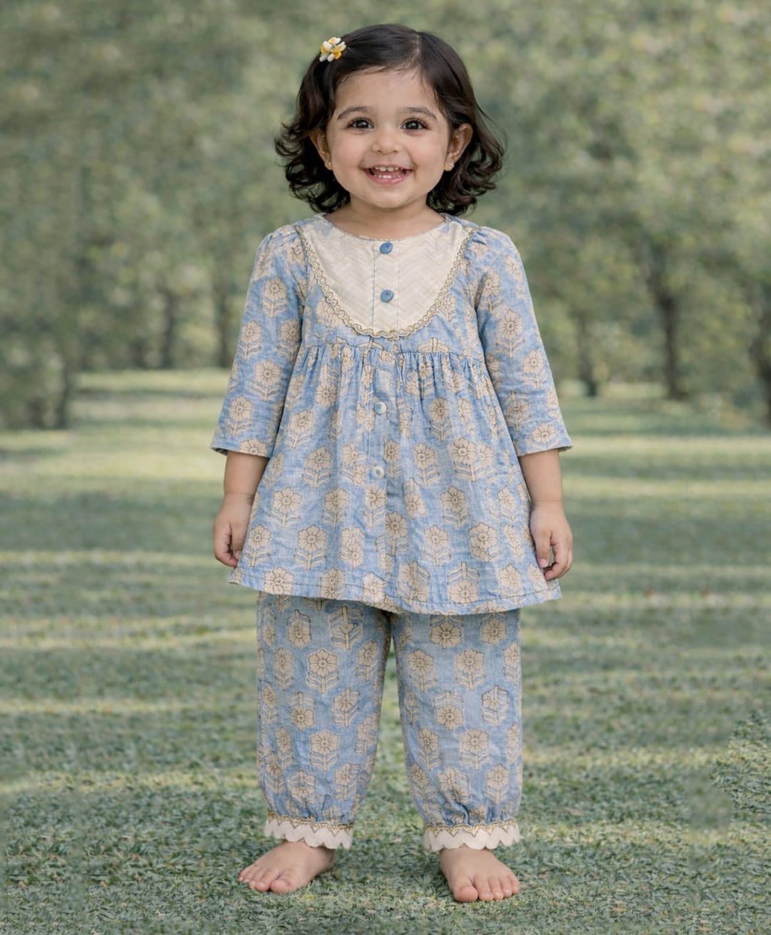 Pspeaches Cotton Woven Three Fourth Sleeves Floral Printed Kurti & Salwar Set - Blue-image-12