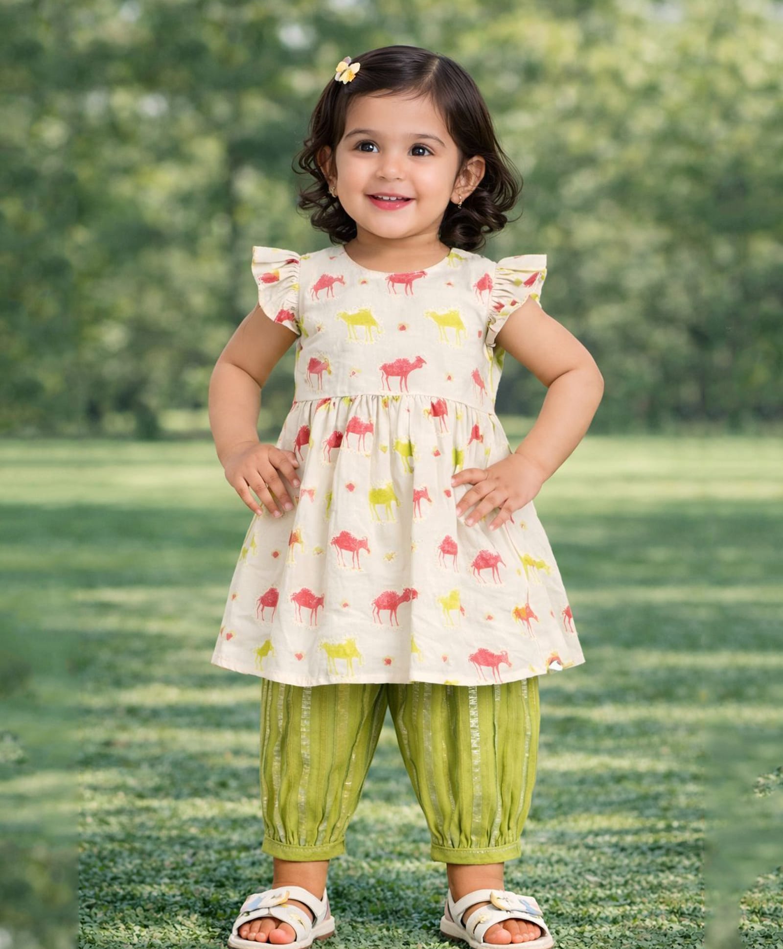 Pspeaches Cotton Woven Frill Sleeves Camel Printed Kurti & Salwar Set - Cream-image-31