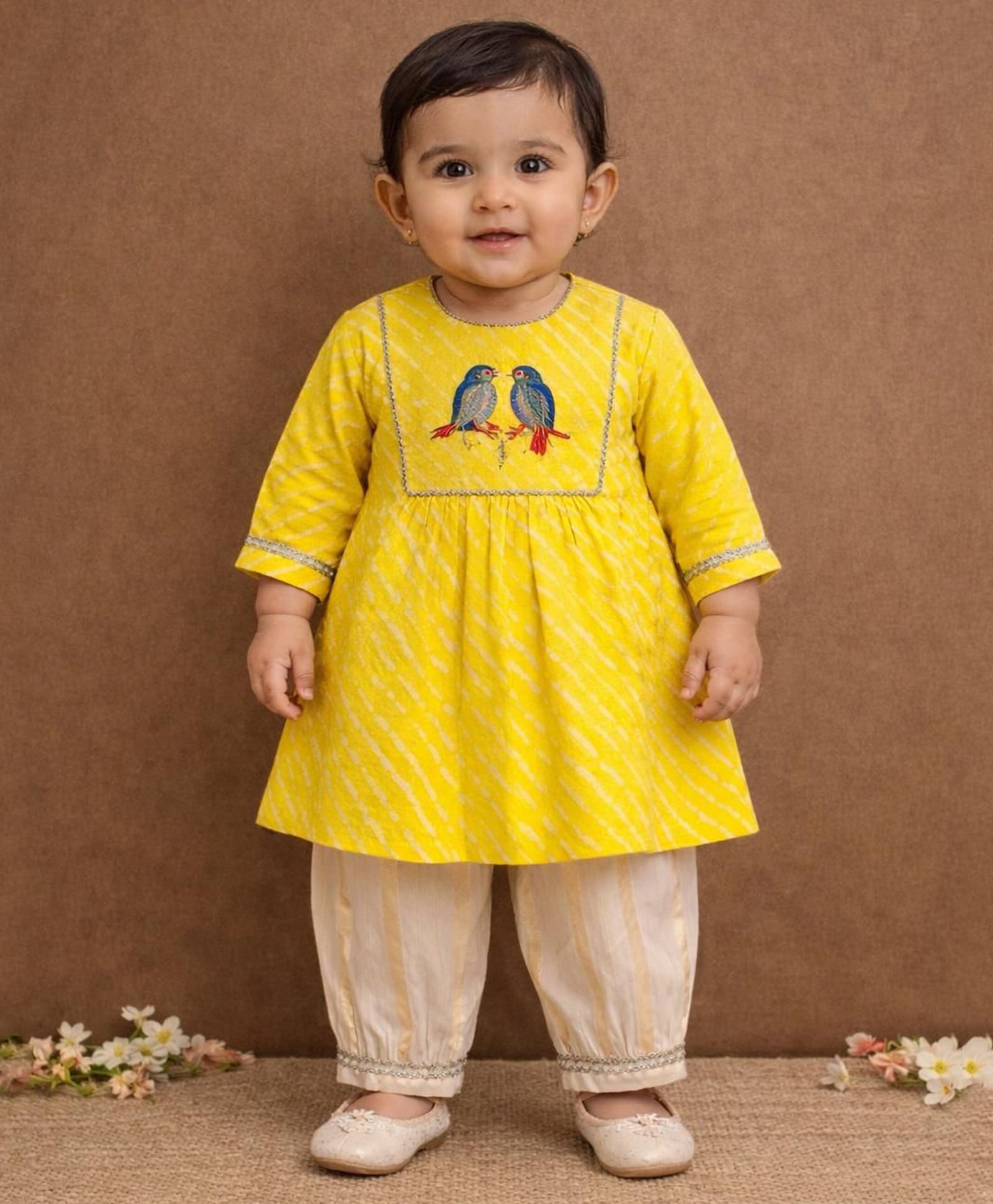 Pspeaches Cotton Woven Full Sleeves Bird Embroidered Kurti & Salwar Set - Yellow-picture-22