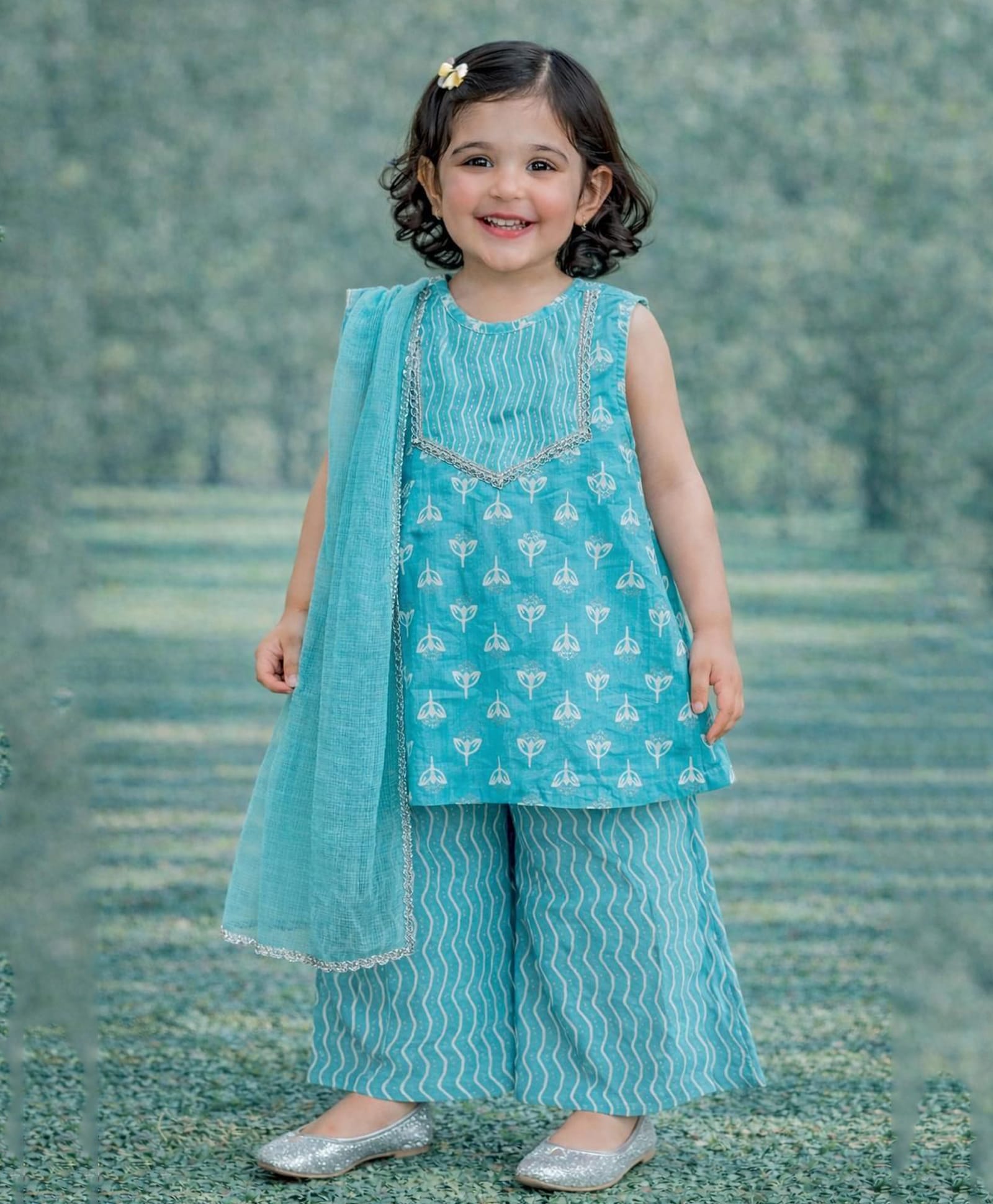 Pspeaches Cotton Woven Sleeveless Floral Printed Kurti & Palazzo With Dupatta Set - Blue-image-39