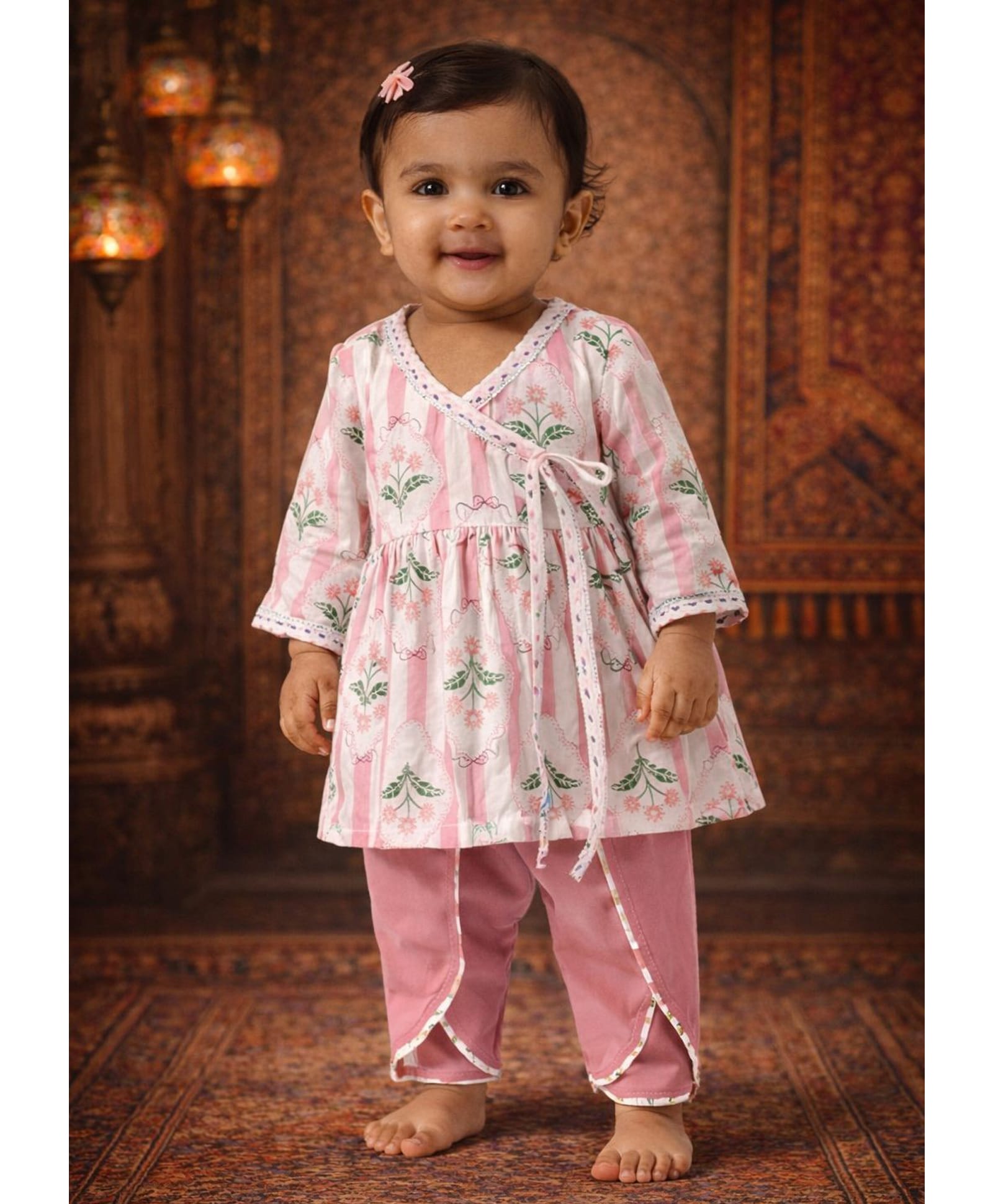 Pspeaches Cotton Woven Full Sleeves Floral Printed Kurti & Dhoti Set - Pink-image-45