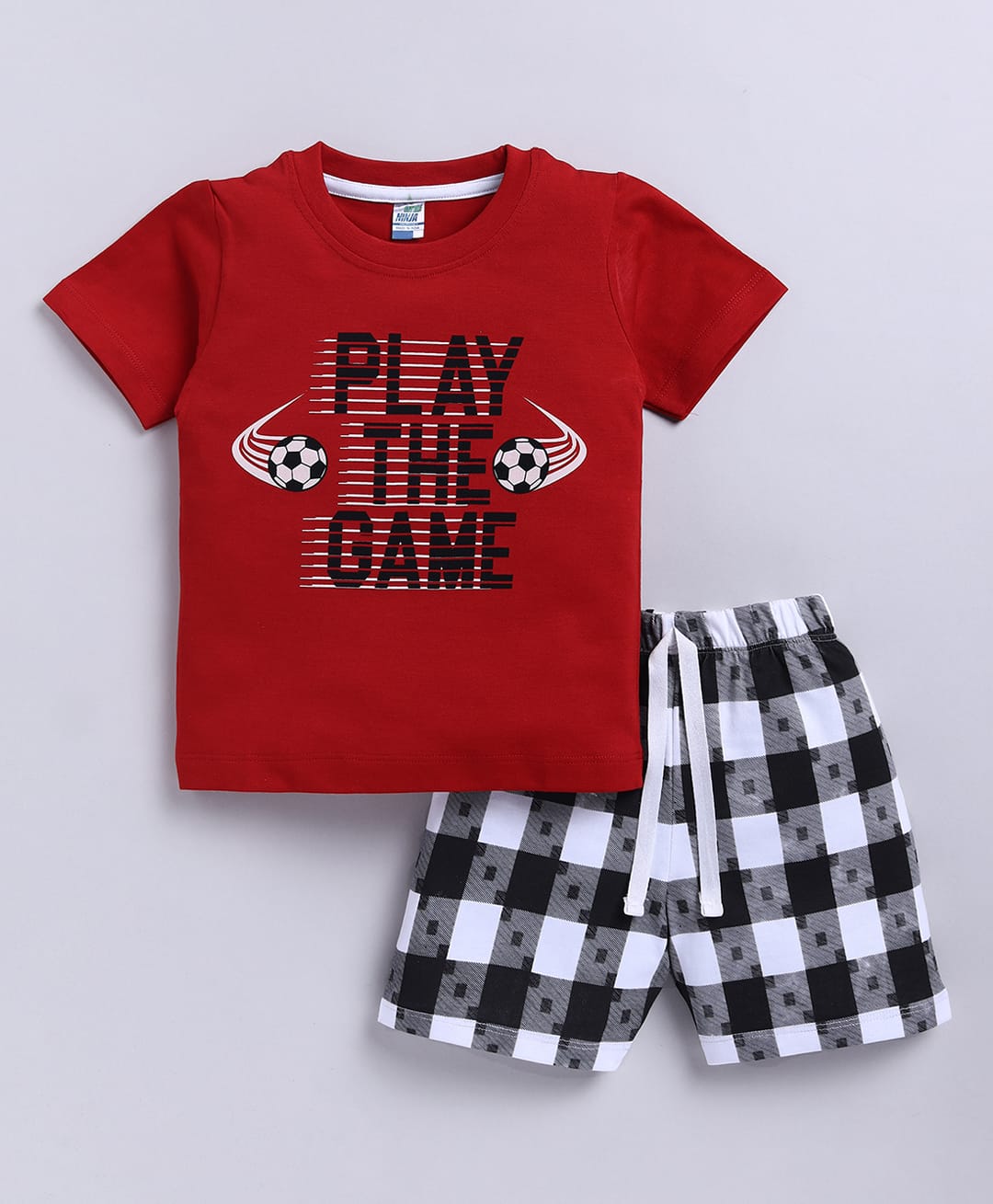 Little Ninja Cotton Knit Half Sleeves Play The Game Text Printed Tee & Shorts Set - Red-picture-31