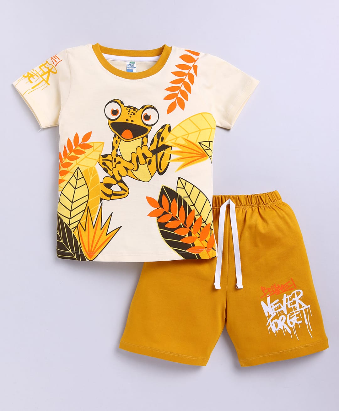 Little Ninja Cotton Knit Half Sleeves Leaves & Frog Printed Tee & Shorts Set - Mustard-picture-26