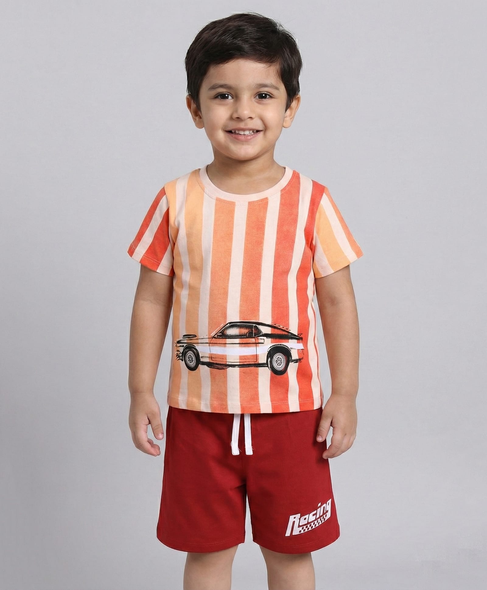 Little Ninja Cotton Knit Half Sleeves Car Printed Striped Tee & Shorts Set - Red-picture-18