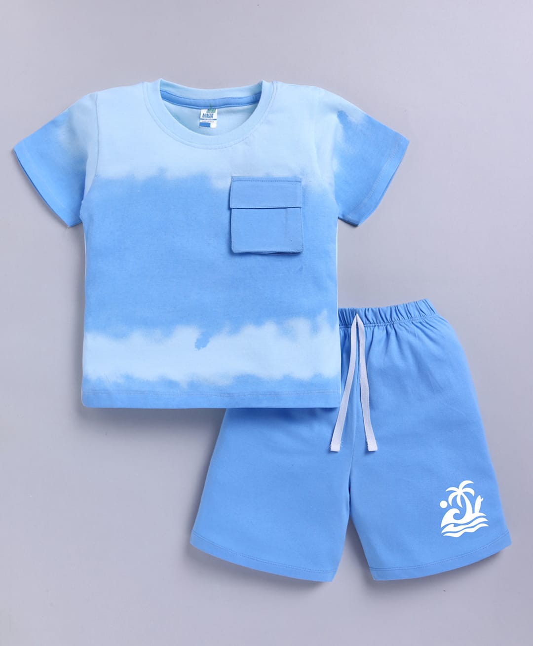 Little Ninja Cotton Knit Half Sleeves Tie Dye Tee & Shorts Set - Blue-image-36
