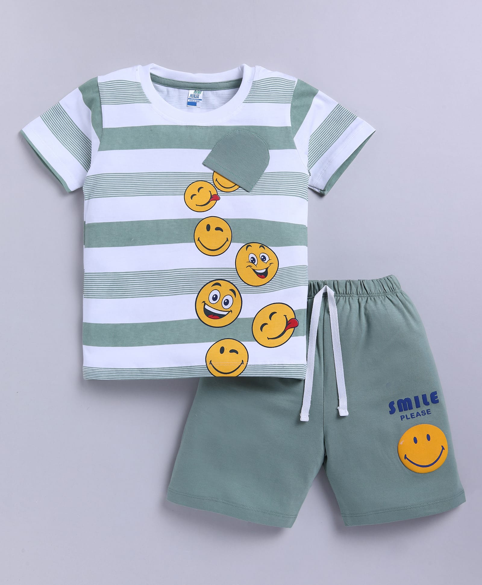 Little Ninja Cotton Knit Half Sleeves Smileys Printed Striped Tee & Shorts Set - Green-image-49