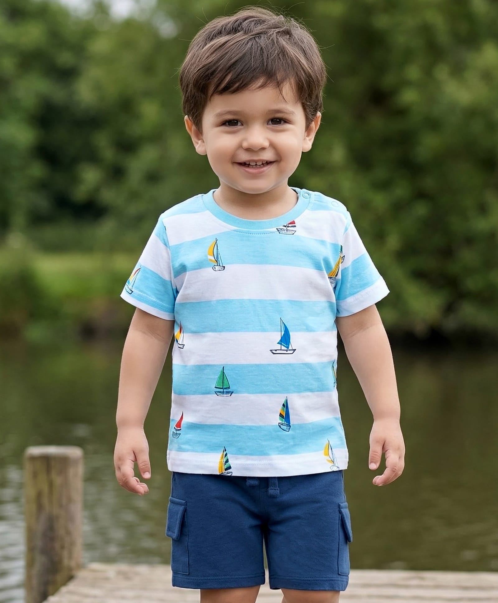 Babyhug 100% Cotton Knit Half Sleeves Striped & Nautical Theme Printed T-Shirt & Shorts Set With Cargo Pockets - Light & Navy Blue-image-40