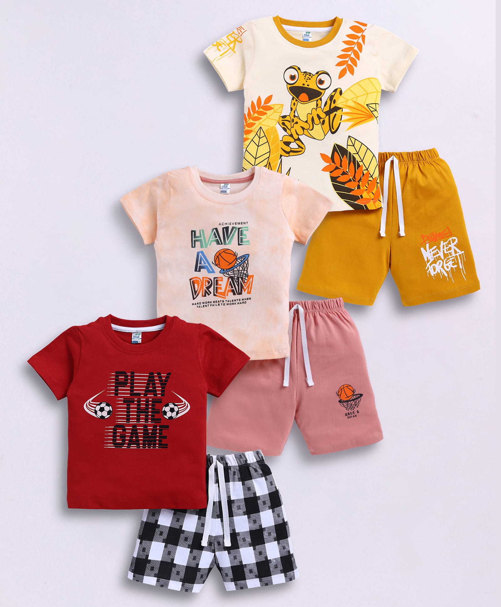 Little Ninja Cotton Knit Pack Of 3 Half Sleeves Frog & Typography Printed Tees & Shorts Set - Multi Colour-picture-18