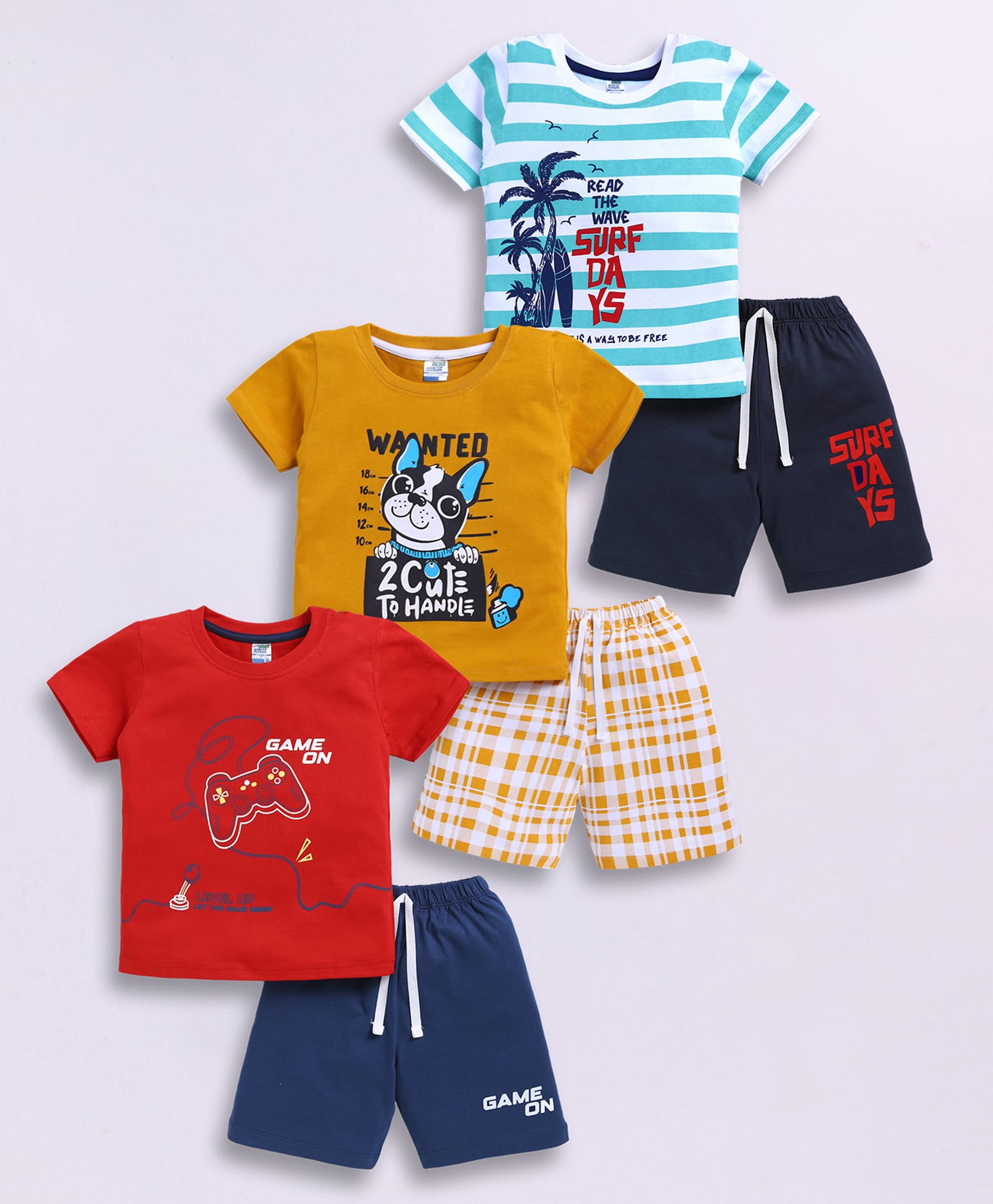Little Ninja Cotton Knit Half Sleeves Gaming Console & Dog Printed Tees & Shorts Set - Multi Colour-picture-25
