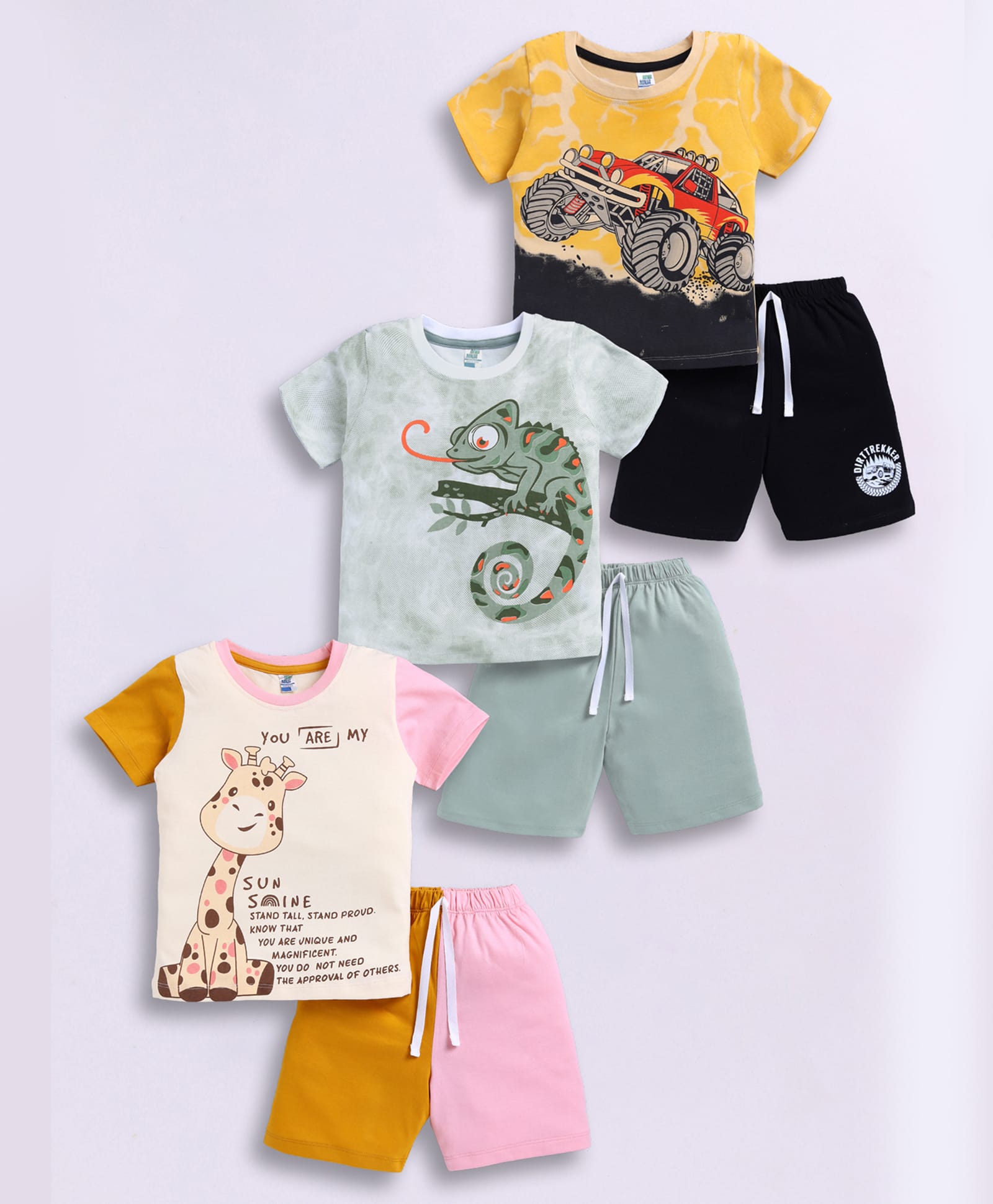 Little Ninja Cotton Knit Pack Of 3 Half Sleeves Vehicle & Animals Printed Tees & Shorts Set - Multi Colour-image-48