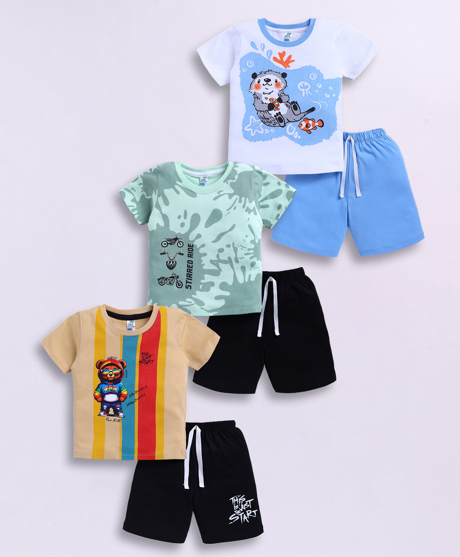 Little Ninja Cotton Knit Pack Of 3 Half Sleeves Animals & Vehicles Printed Tees & Shorts Set - Multi Colour-picture-33