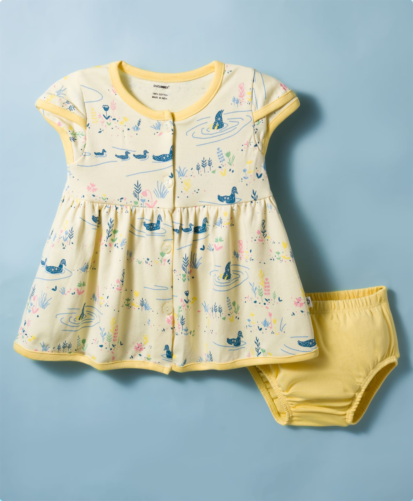 CUCUMBER Interlock Knit Sleeveless Pond Printed Frock with Bloomer - Lemon-image-44