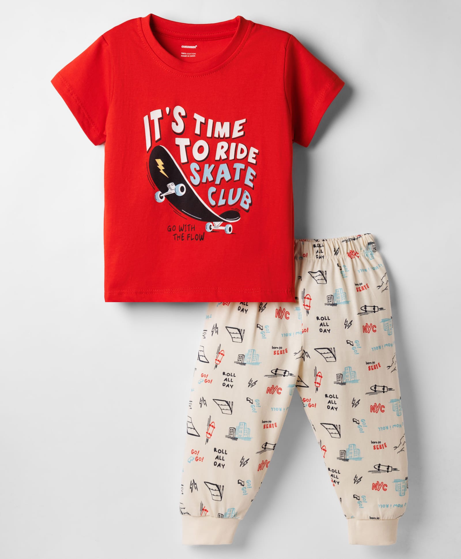 CUCUMBER Knitted Half Sleeves T-Shirt & Pajama Night Suit with Skate Print - Red-picture-10