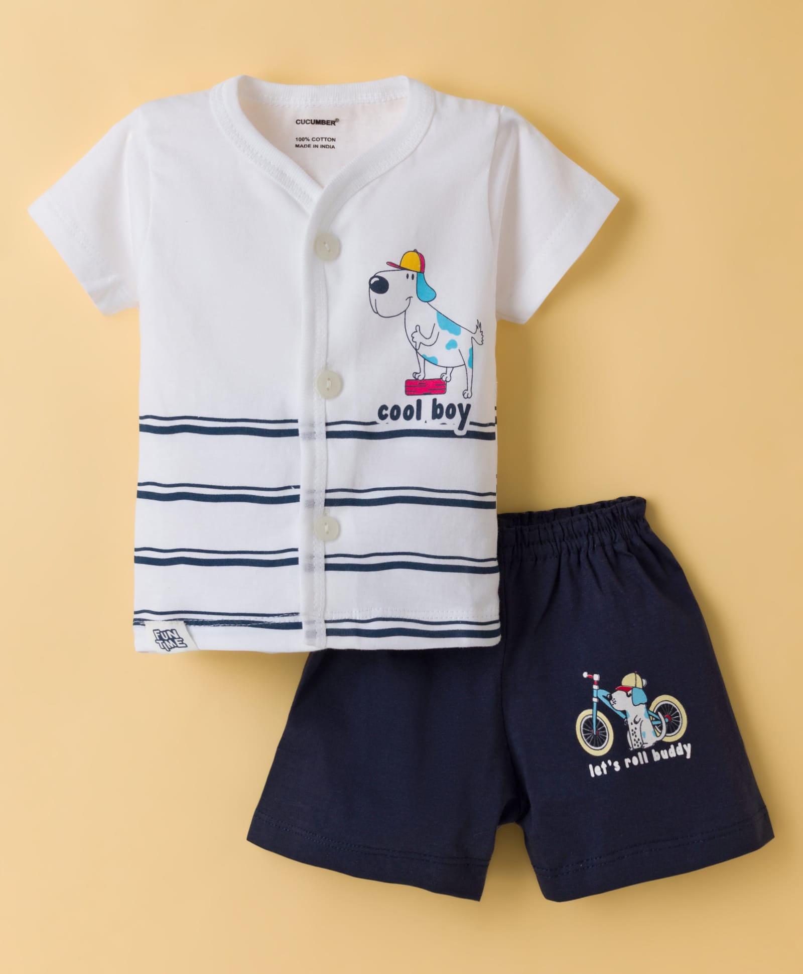CUCUMBER Knitted Half Sleeves T-Shirt & Shorts Set with Puppy Print - White-picture-11