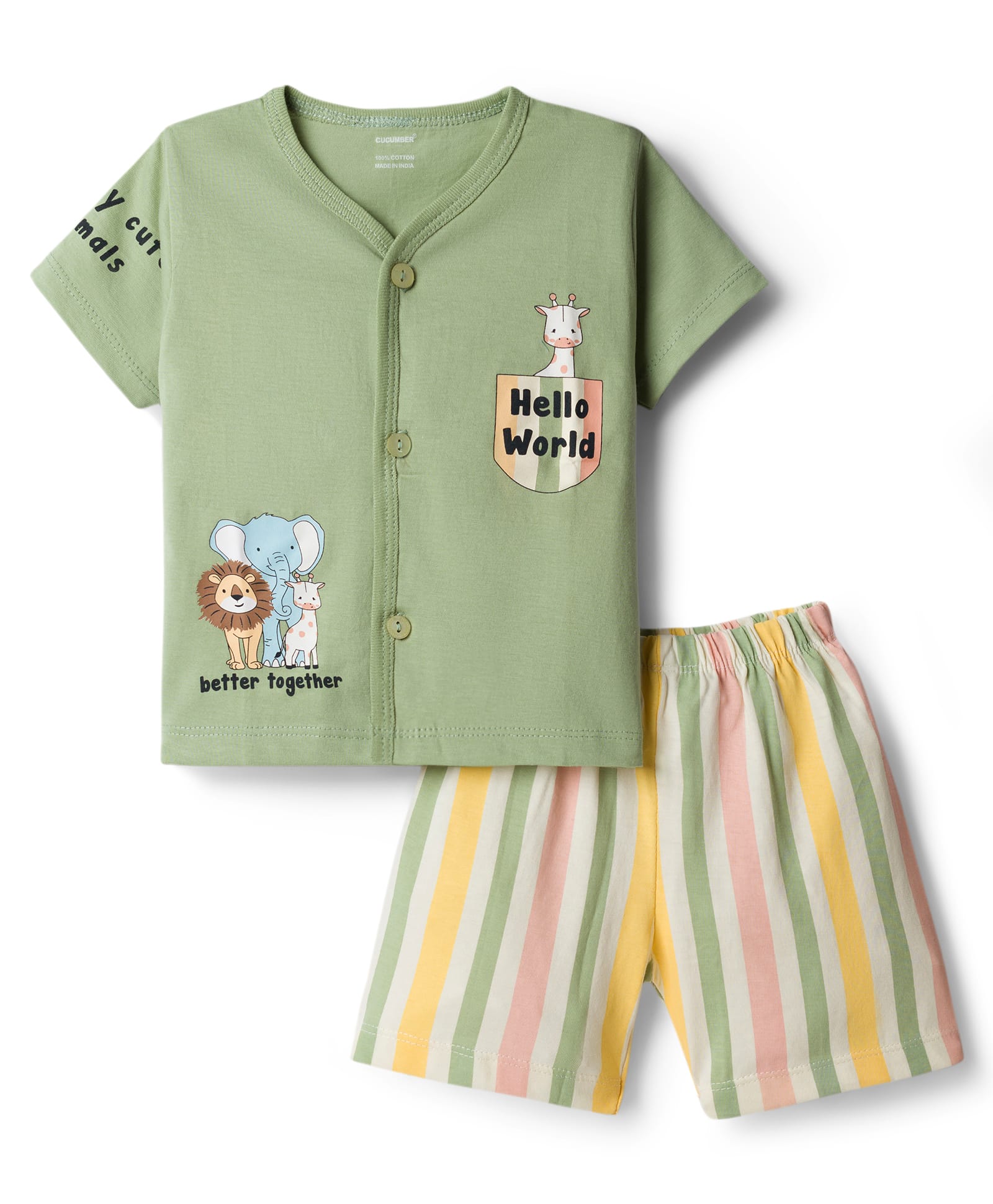 CUCUMBER Knitted Half Sleeves T-Shirt & Shorts Set with Animal Print & Stripe - Light Green-picture-13
