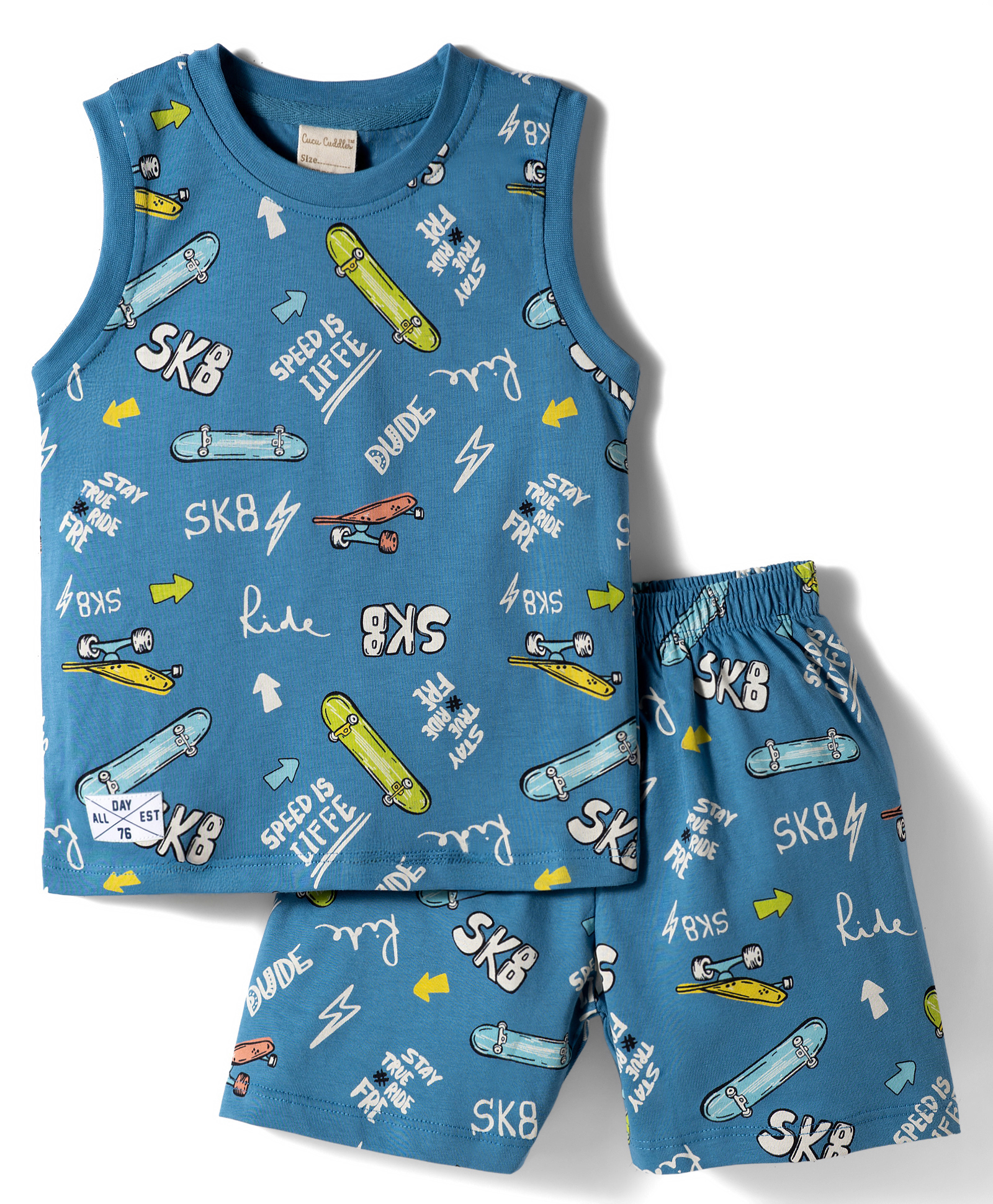 CUCUMBER Knit Sleeveless T-Shirt & Shorts Co-ord Night Suit With Skateboarding Print - Blue-image-9