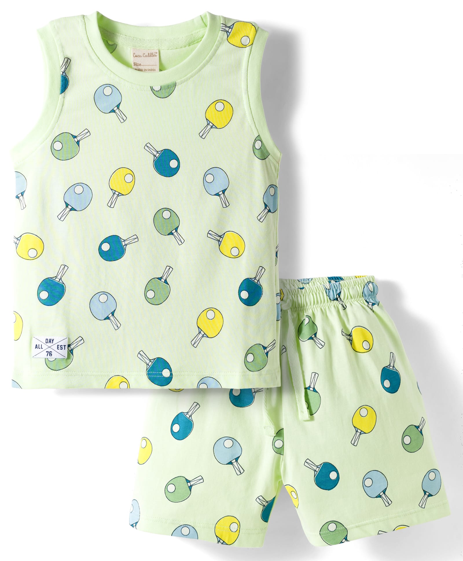 CUCUMBER Knit Sleeveless T-Shirt & Shorts Co-ord Night Suit With Table Tennis Print - Neon Green-picture-35