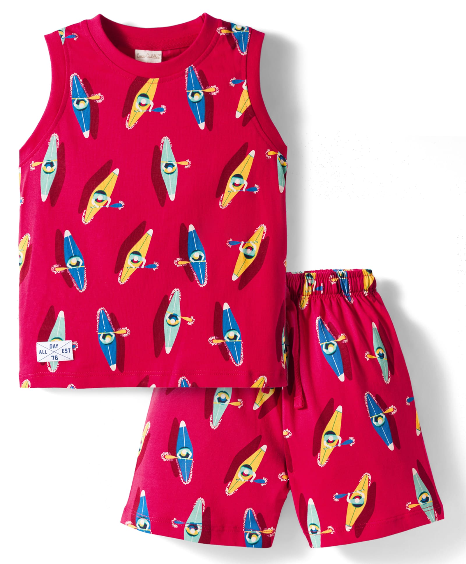 CUCUMBER Knit Sleeveless T-Shirt & Shorts Co-ord Night Suit With Kayaking Print - Red-image-34