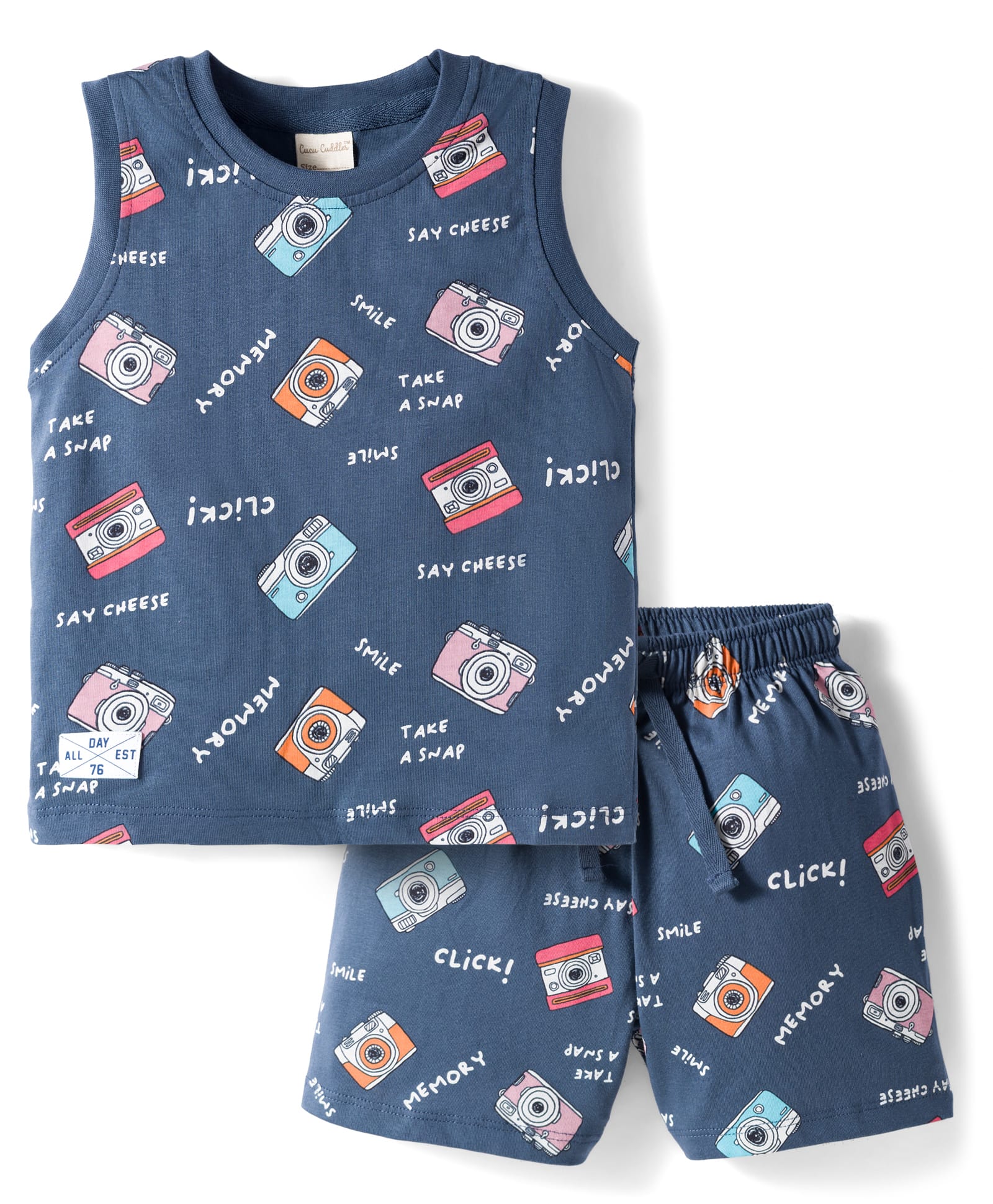 CUCUMBER Knit Sleeveless T-Shirt & Shorts Co-ord Night Suit With Camera Print - Grey-picture-28
