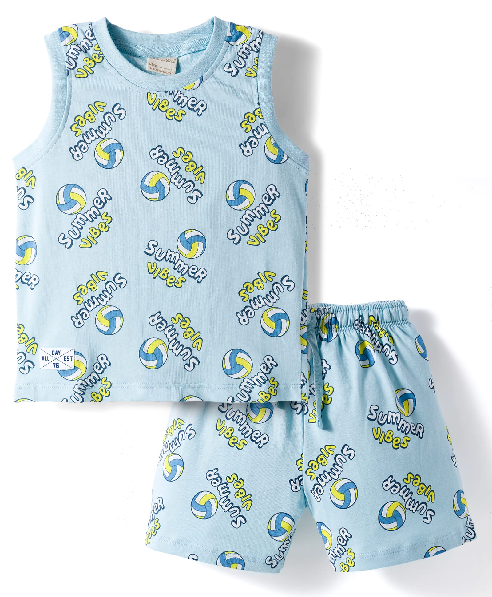 CUCUMBER Knit Sleeveless T-Shirt & Shorts Co-ord Night Suit With Volleyball Print - Light Blue-image-11