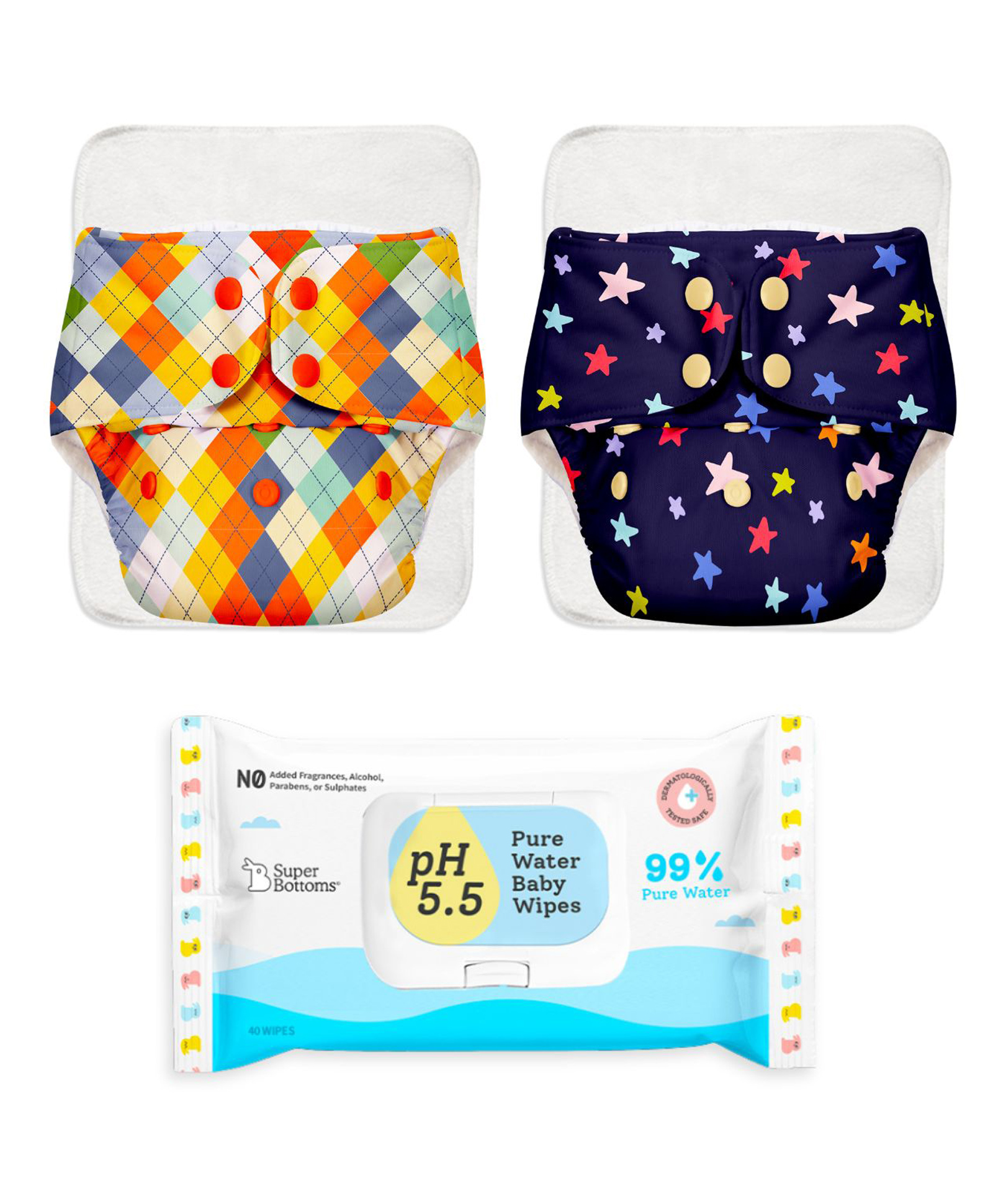 Superbottoms Cloth Diaper Pack of 2 with UltraThin Dry Pads and 40 Pcs Baby Water Wipes-image-44