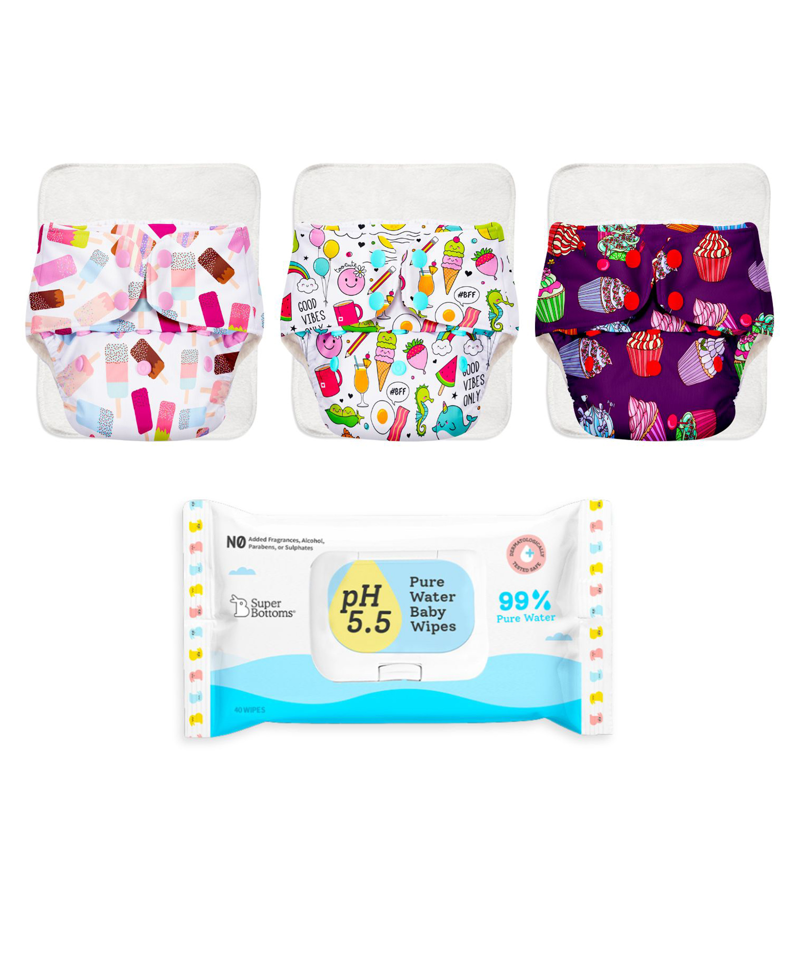 Superbottoms Cloth Diaper Pack of 3 with UltraThin Dry Pads and 40 Pcs Baby Water Wipes-picture-21