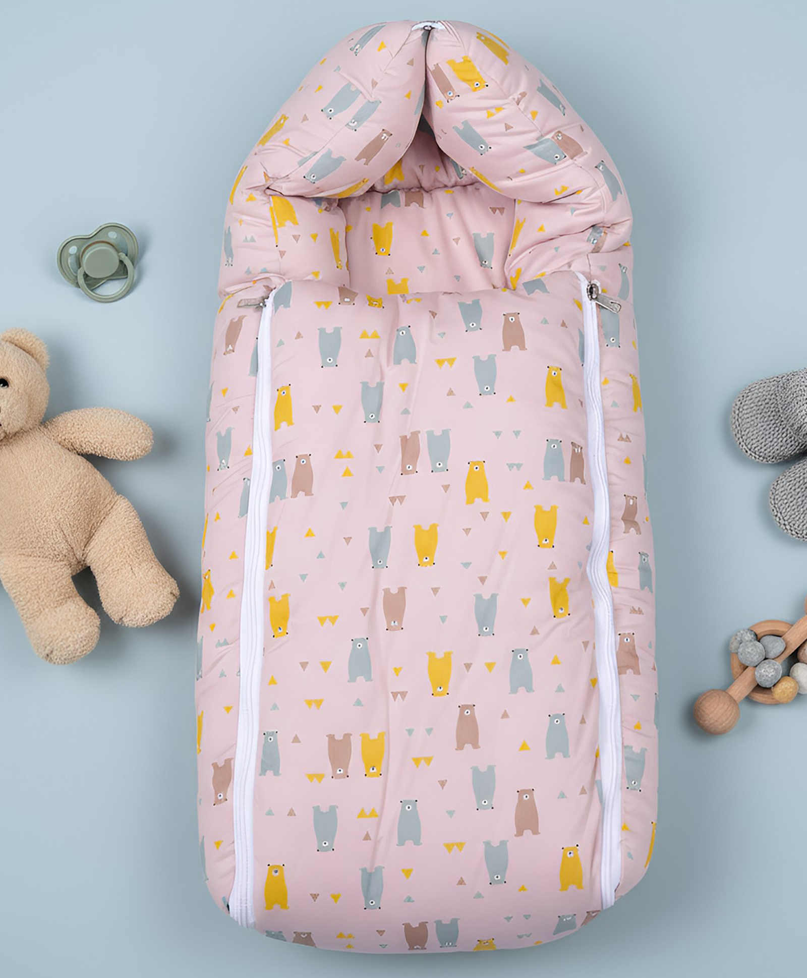 GRASPING FINGERS 3 in 1 Bear Fair Theme 100% Cotton Carry Nest Cum Sleeping Bag, Portable Bassinet for Newborn & Infant - Peach-picture-13