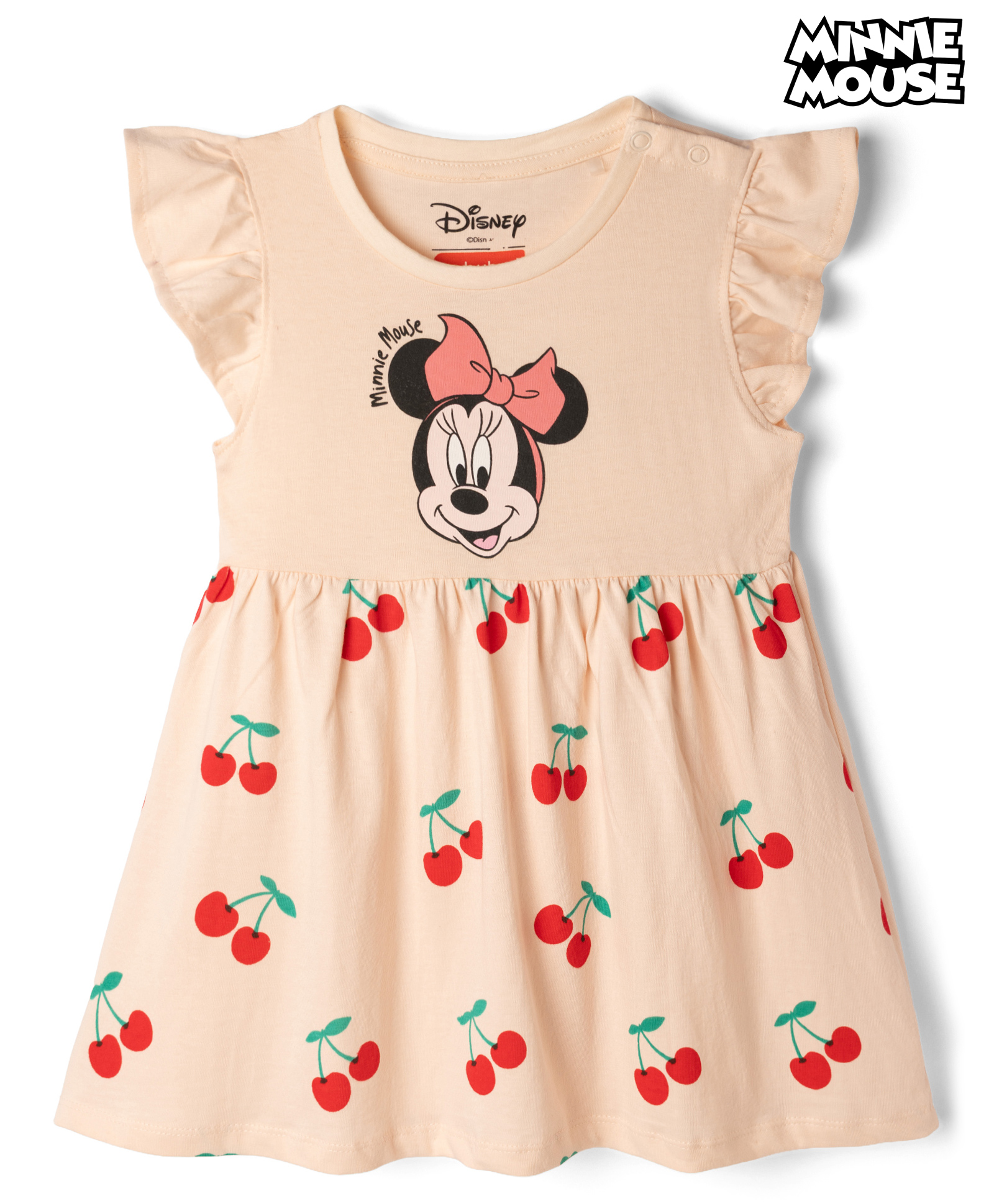 Babyhug Disney Single Jersey Cotton Knit Frock with Flutter Sleeves and Minnie Mouse and Cherry Print - Pink-image-5