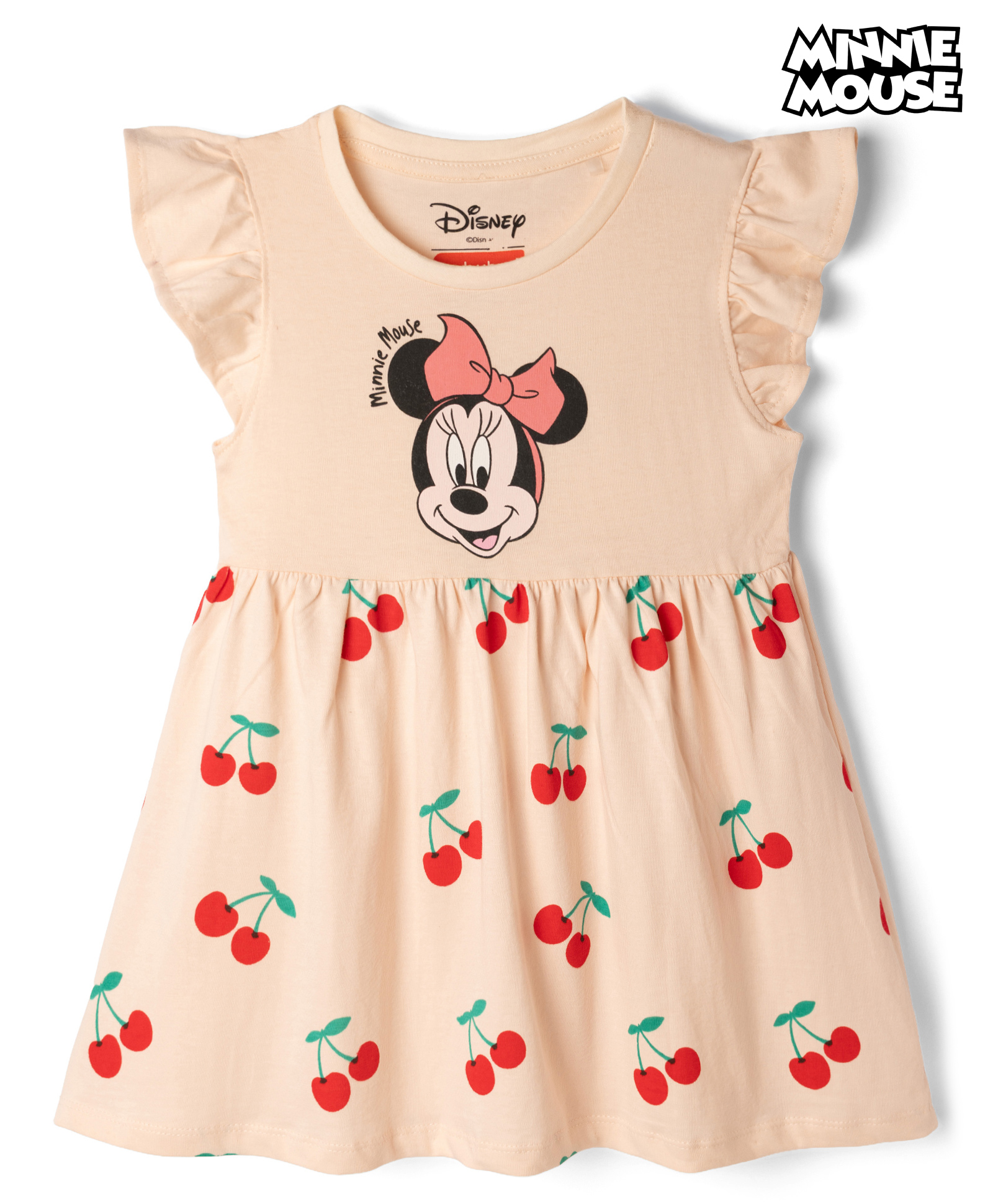 Babyhug Disney Single Jersey Cotton Knit Frock with Flutter Sleeves and Minnie Mouse and Cherry Print - Pink-image-47