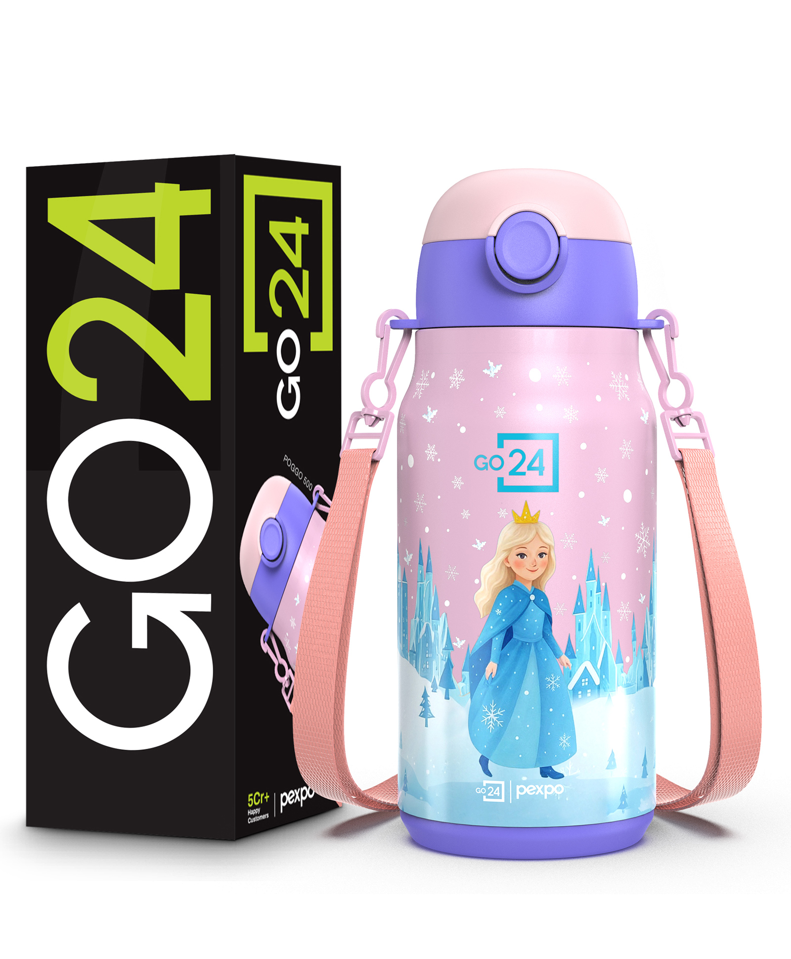 Pexpo Go24 Poggo 450 Hot & Cold Stainless Steel Water Bottle for Kids - 420 ml | Frozen Doll UV Printed Design | Vacuum Insulated | Leak Proof & BPA Free | School, Picnic, Travel - Pink-image-38