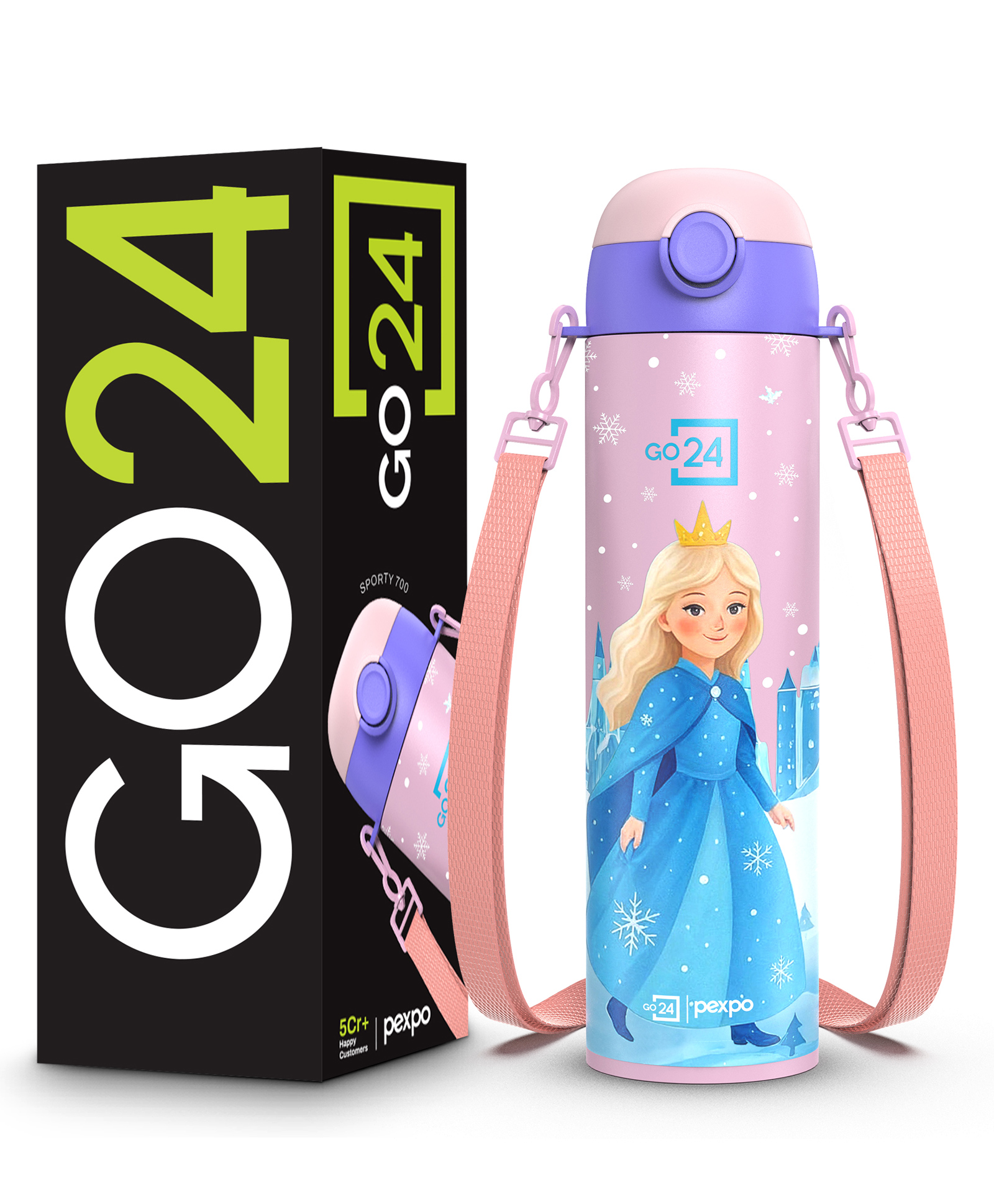 Pexpo Go24 Sporty ISI Certified Stainless Steel Water Bottle For School Kids - 700ml | Sipper Cap | Leakproof & BPA Free | Picnic, Travel, Sport - Frozen Doll UV Print - Pink-image-12