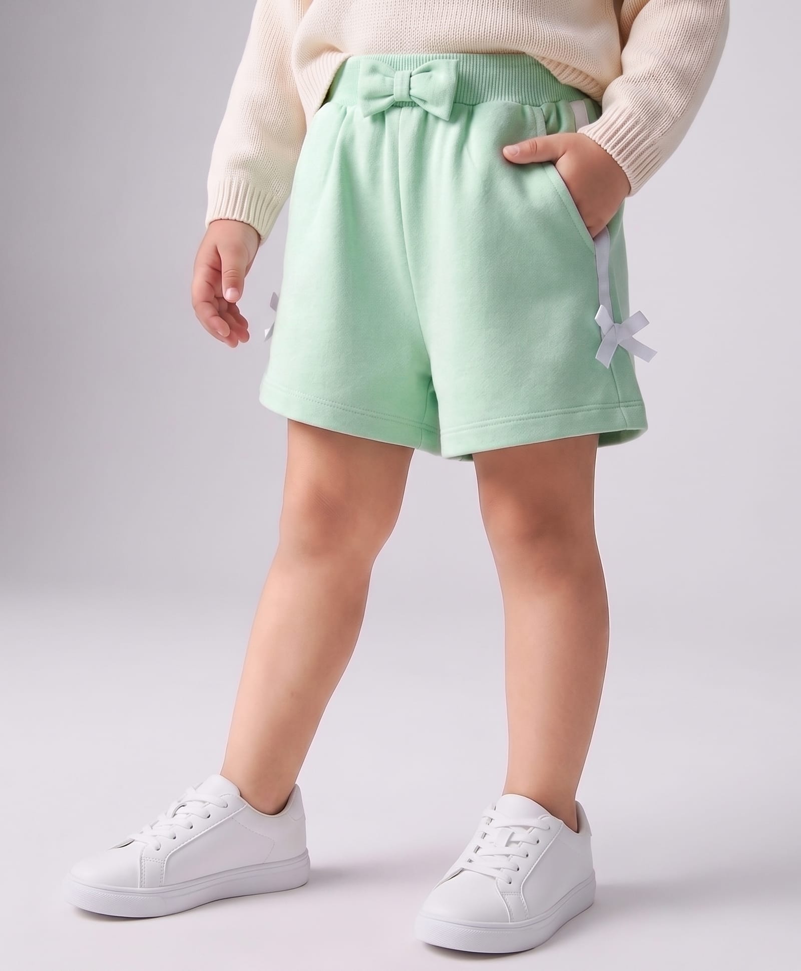 Babyhug Terry Knit Mid Thigh Solid Shorts with Bow Applique - Mint-picture-10