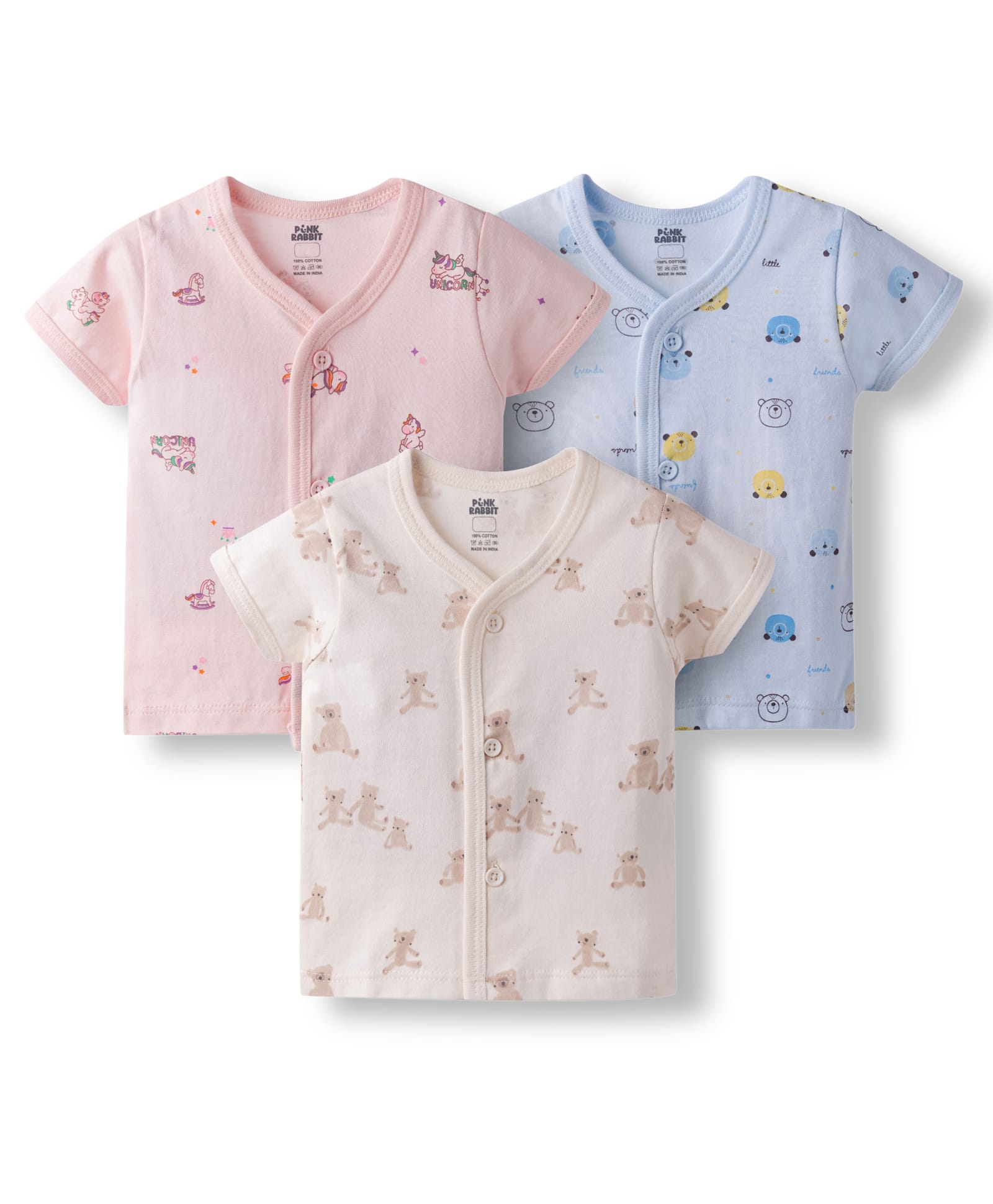 Pink Rabbit Sinker Knit Half Sleeves Jhablas With Unicorn & Teddy Bear Print Pack of 3 - Pink Blue & Cream-image-22