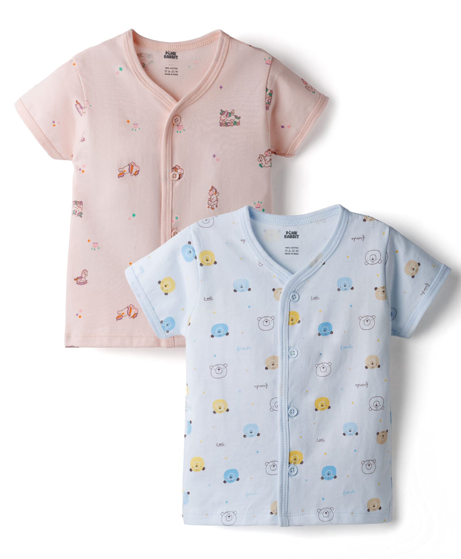 Pink Rabbit Sinker Knit Half Sleeves Jhablas with Animal Print Pack of 2 - Pink & Blue-picture-35