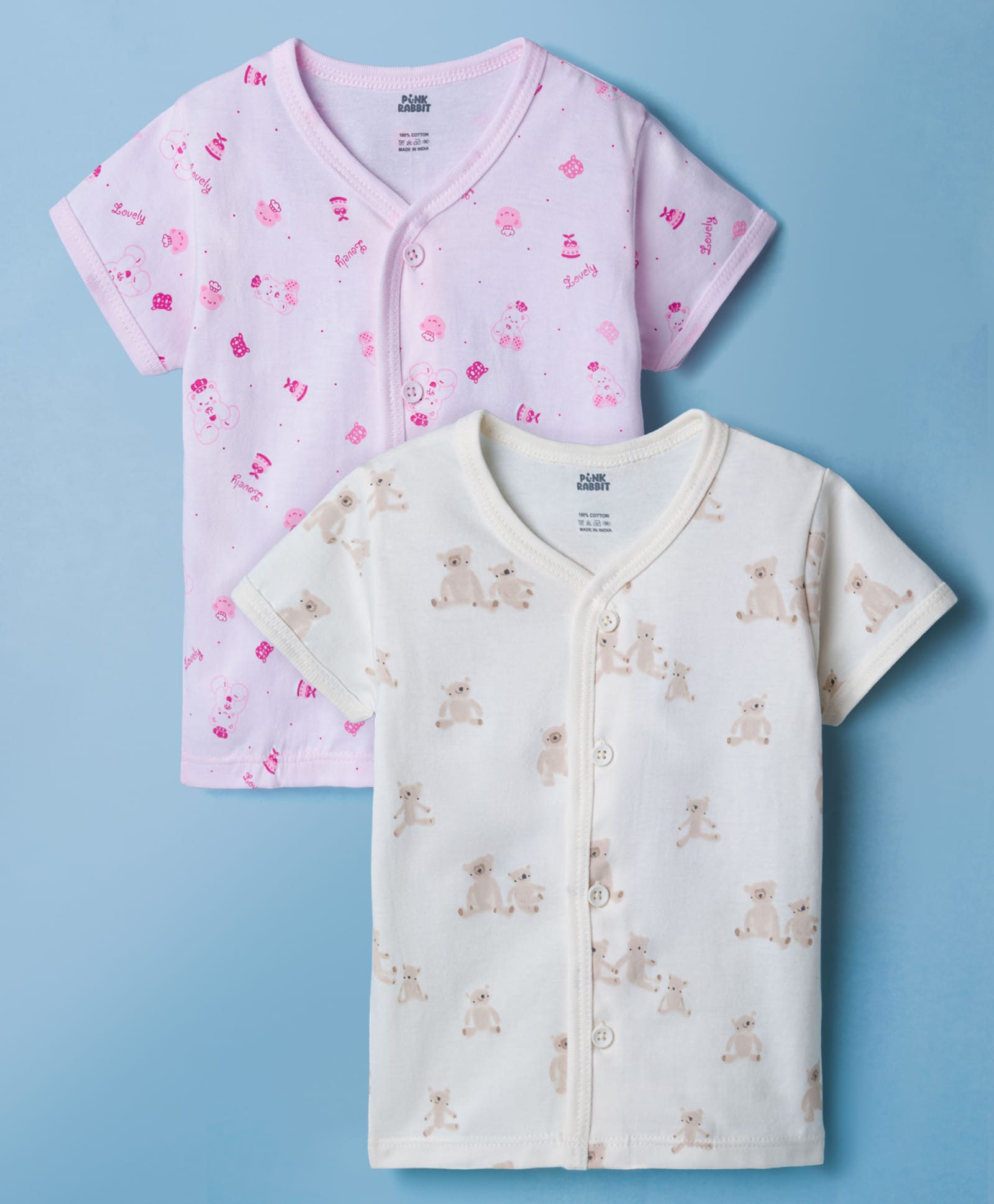 Pink Rabbit Sinker Knit Half Sleeves Jhablas with Animal Print Pack of 2 - Pink & Cream-picture-36