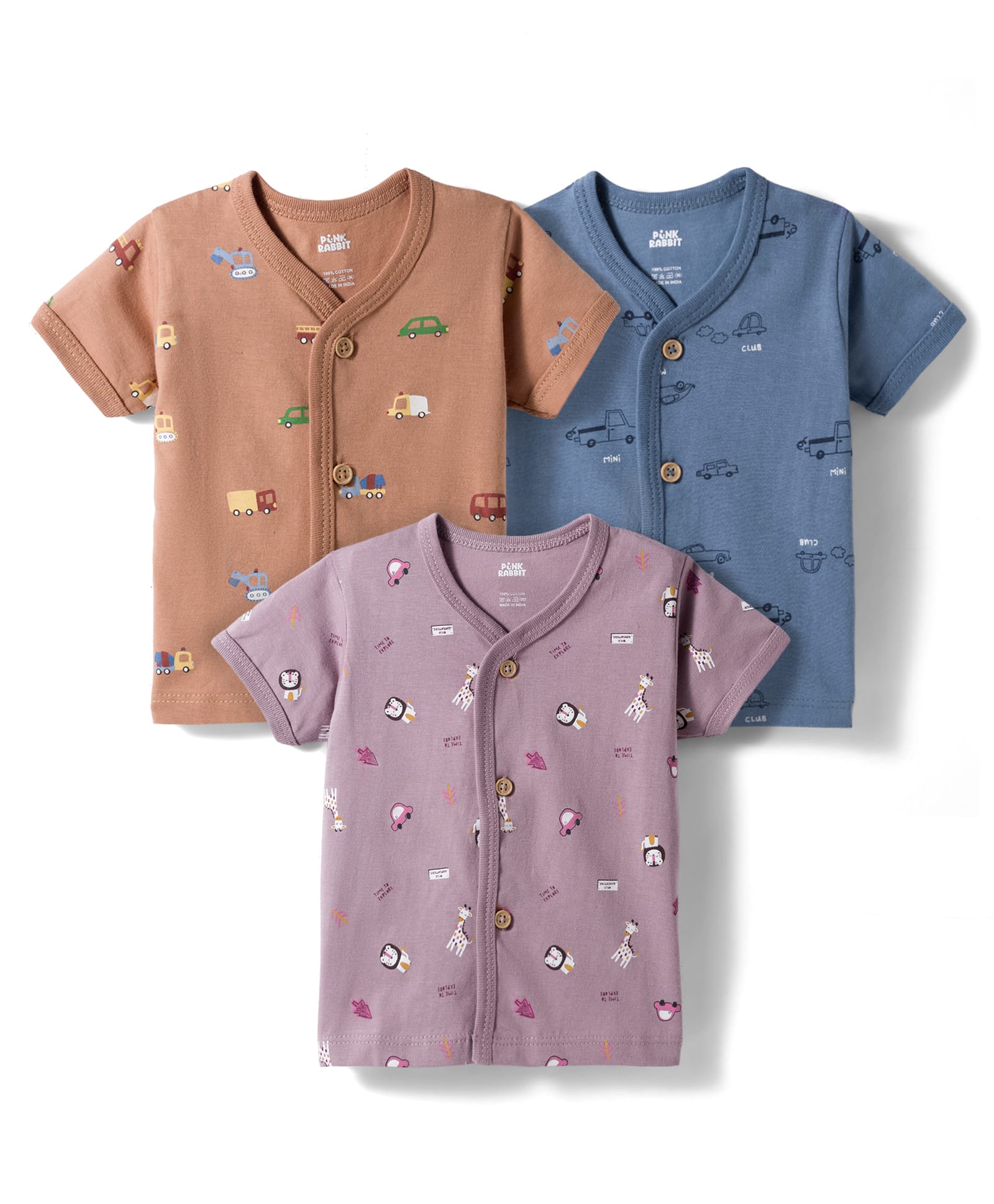 Pink Rabbit Sinker Knit Half Sleeves Vehicles Printed Jhablas Pack Of 3 - Blue Mauve & Rust-image-18