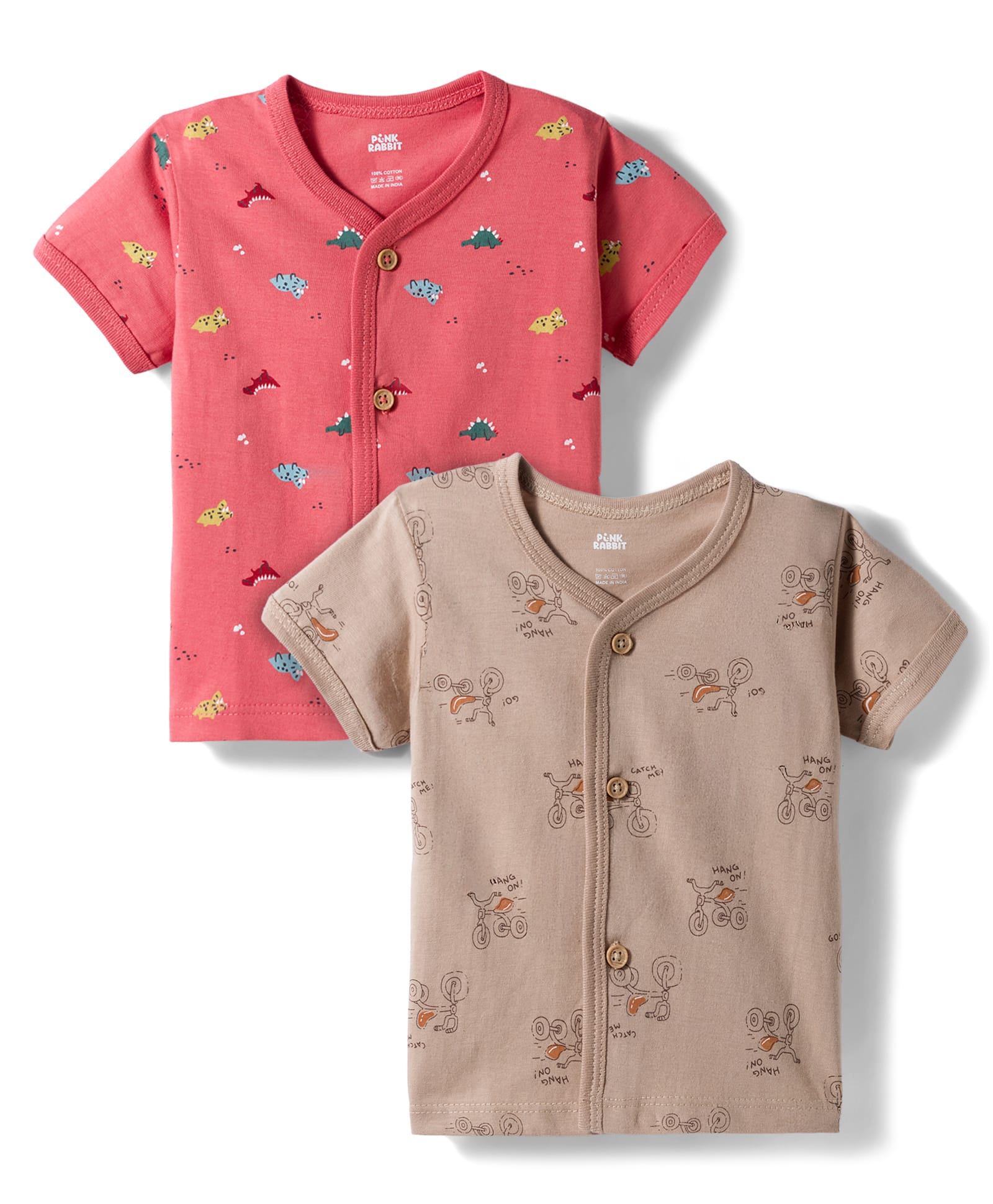 Pink Rabbit Sinker Knit Half Sleeves Jhablas With Bicycle & Dino Print Pack of 2- Red & Beige-picture-12