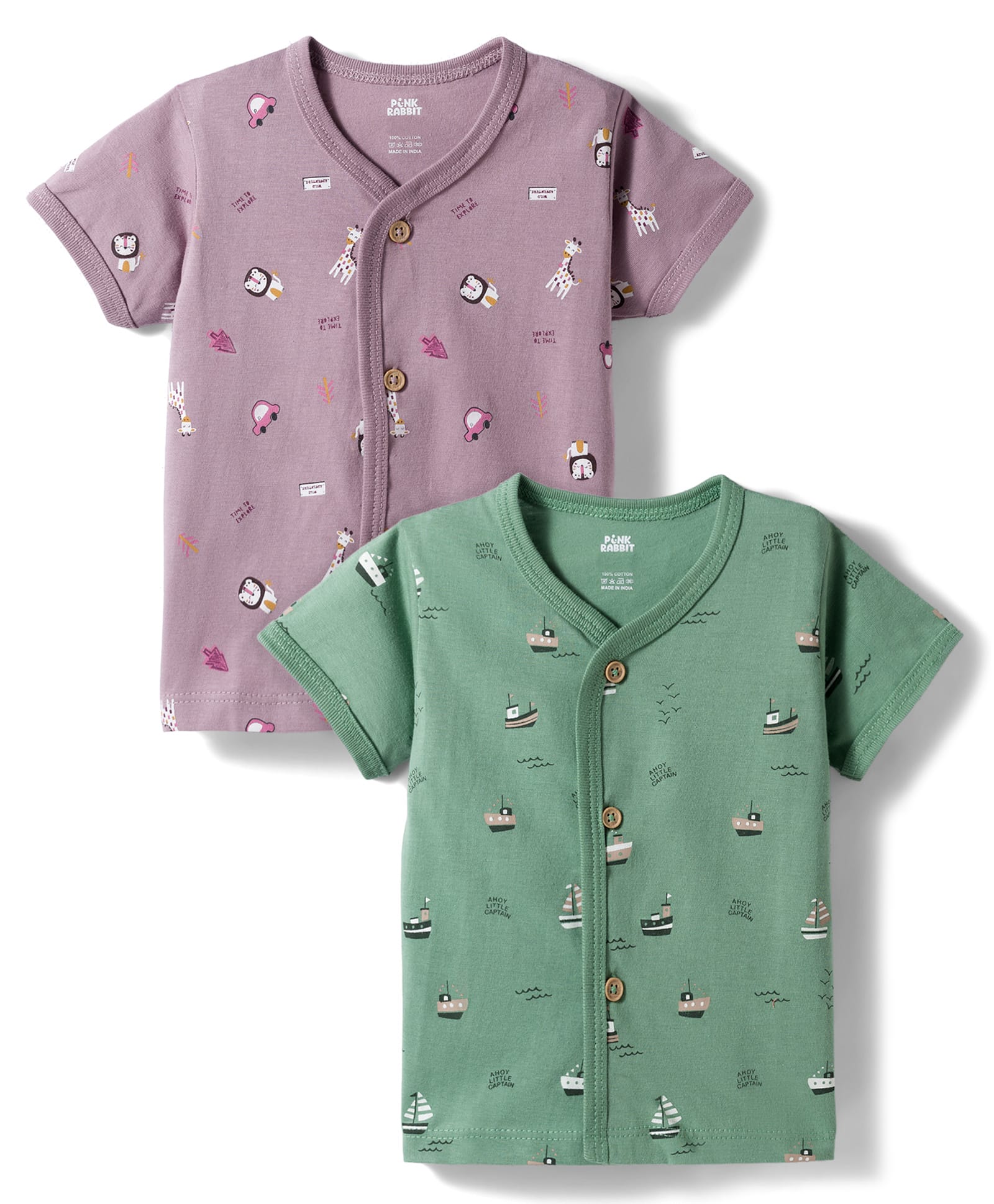 Pink Rabbit Sinker Knit Half Sleeves Nautical Theme & Animal Printed Jhablas Pack of 2 - Green & Mauve-picture-22