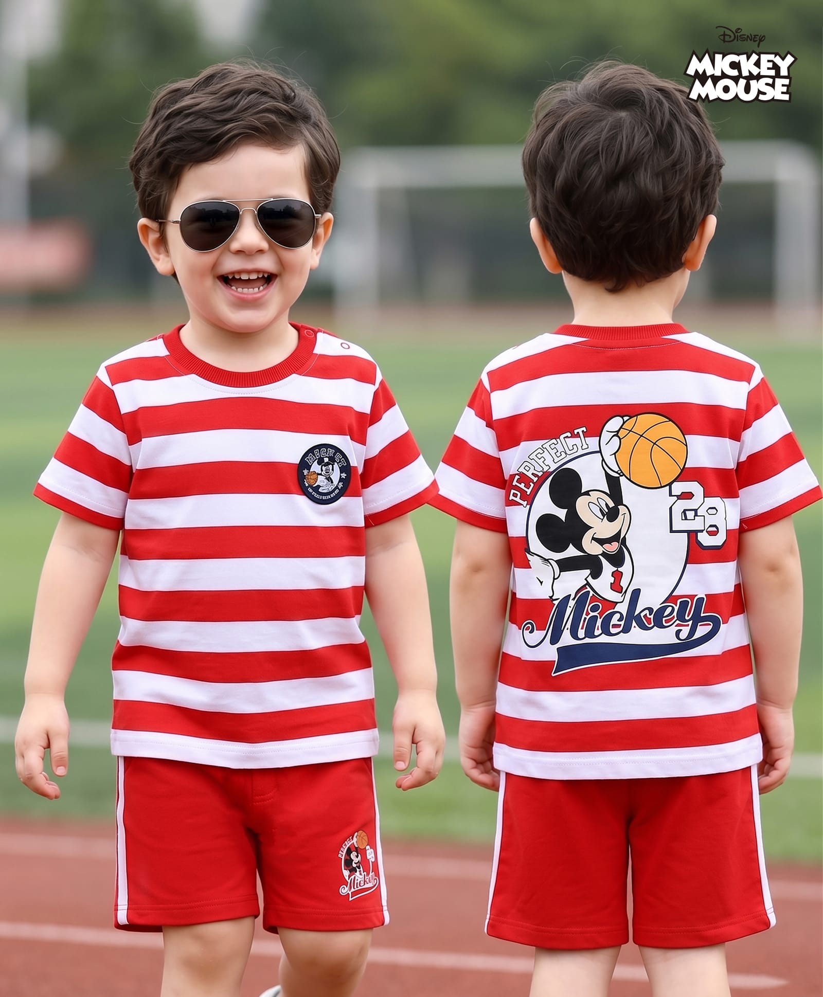 Babyhug Disney Single Jersey Knit Half Sleeves T-Shirt & Shorts Set with Front & Back Mickey Mouse Print - Red & White-image-44