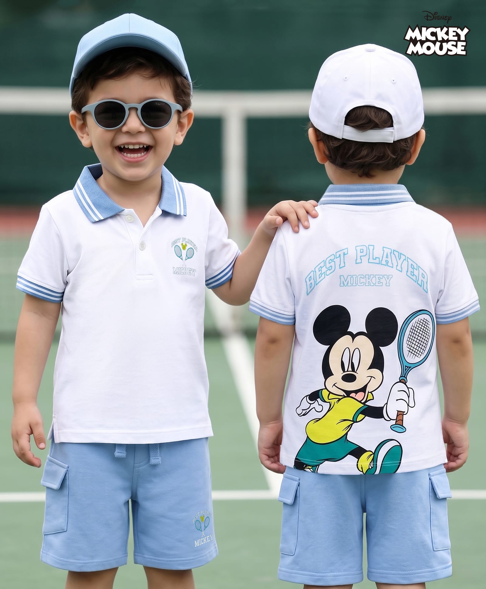 Babyhug Disney 100% Cotton Knit Half Sleeves Polo T-Shirt With Shorts Set With Mickey Mouse Graphic - Light Blue-image-33