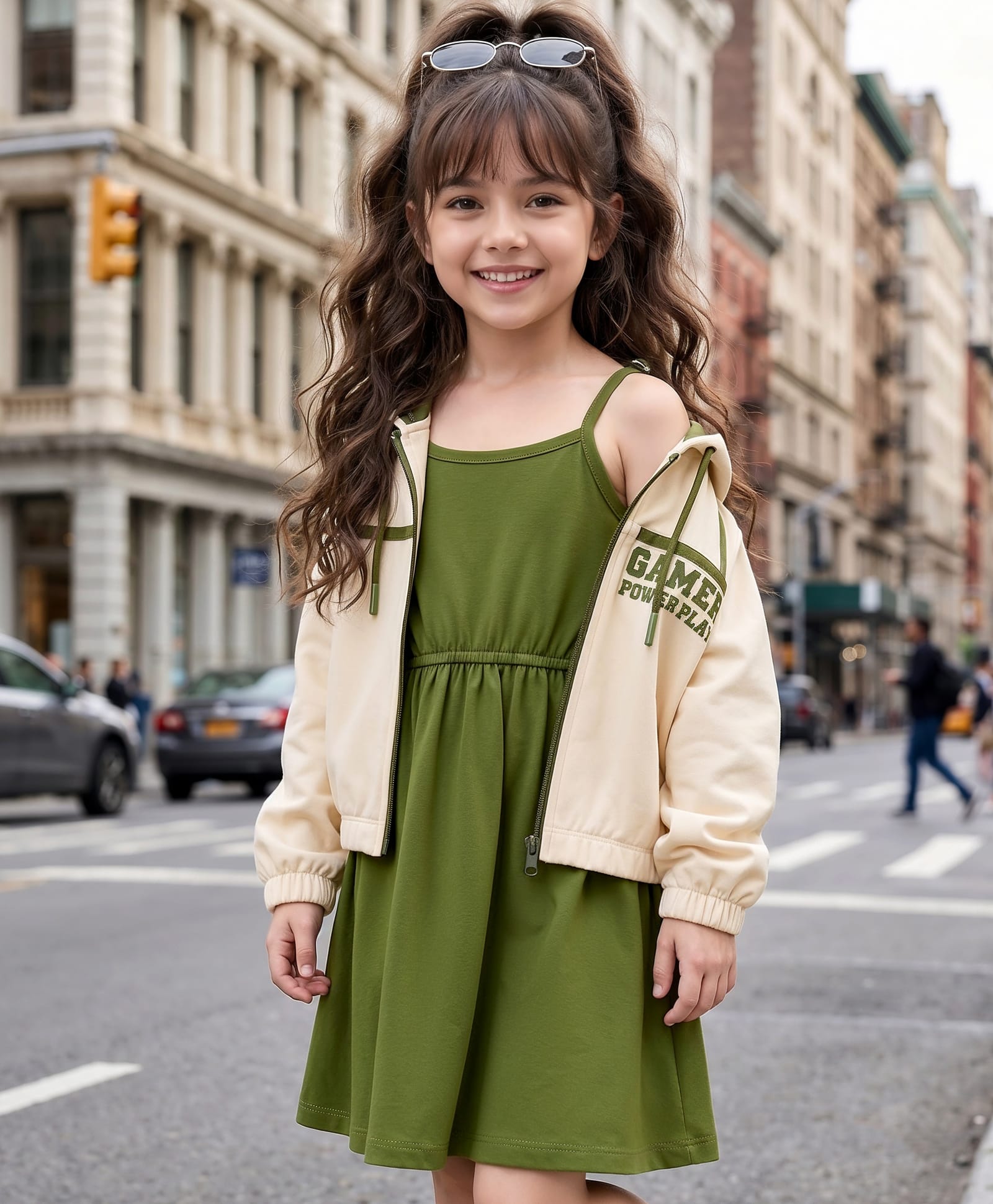OLLINGTON ST. Cotton Knit Sleeveless Text Printed Dress with Full Sleeve Jacket- Beige & Olive Green-image-47