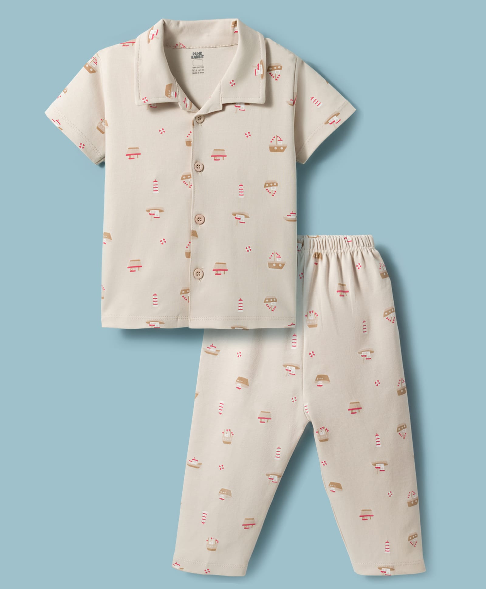 Pink Rabbit Interlock Knit Half Sleeves Co-ords Shirt & Pajama Night Suit with Ship Print - Beige-image-9