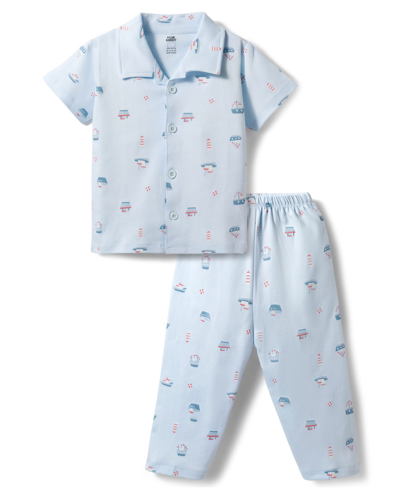 Pink Rabbit Interlock Knit Half Sleeves Co-ords Shirt & Pajama Night Suit with Ship Print - Light Blue-image-16