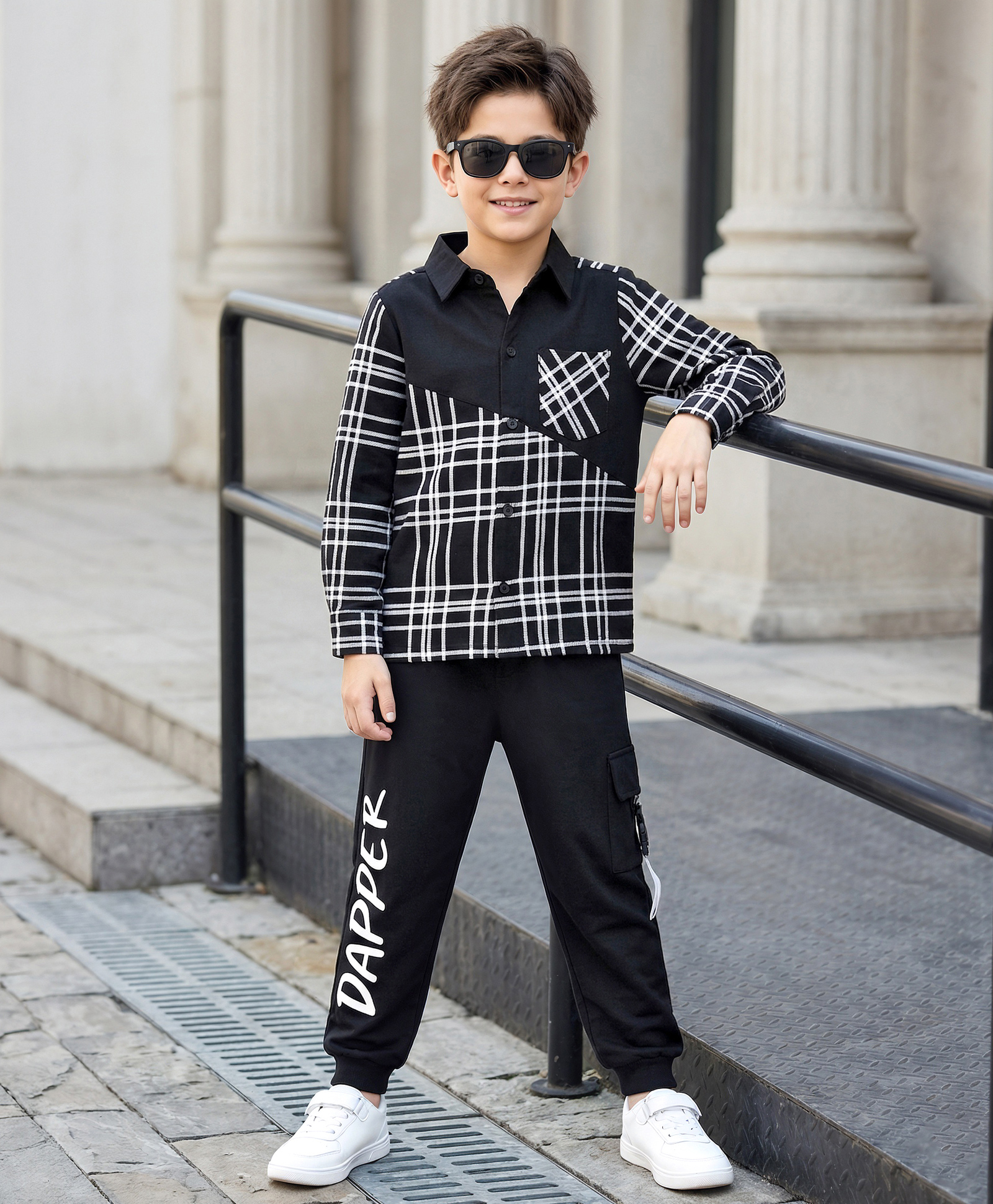 OLLINGTON ST. Sinker Knit Full Sleeves Shirt & Joggers Set With Checks & Text Print - Black & White-image-33