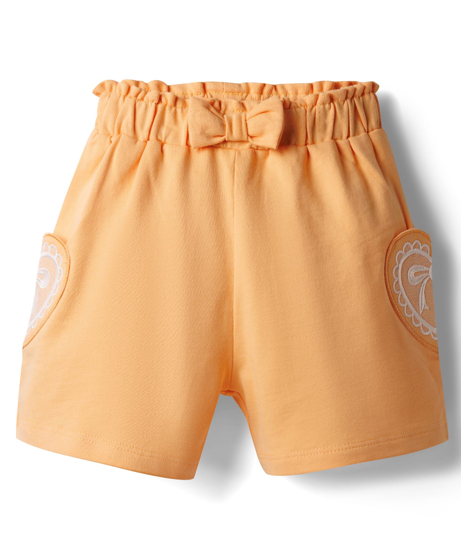 Babyhug Terry Knit Mid Thigh Shorts With Heart Embroidery & Bow Applique - Peach-picture-17