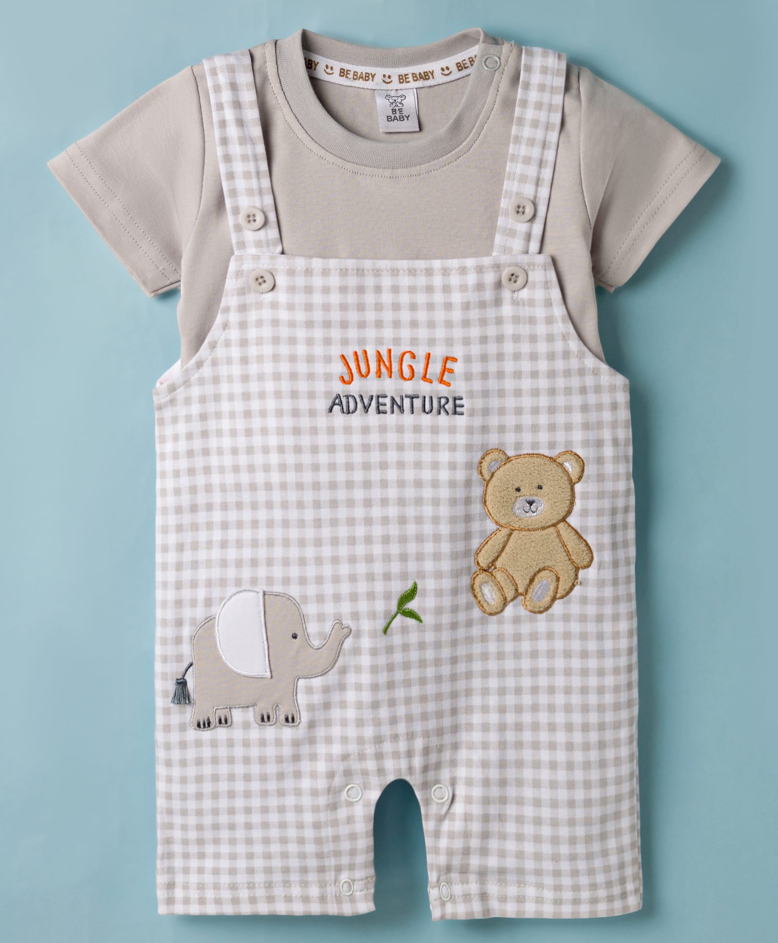 Be Baby Cotton Knit Half Sleeves T-Shirt & Checkered Dungaree Set with Jungle Theme Embroidery - Light Blue-image-27