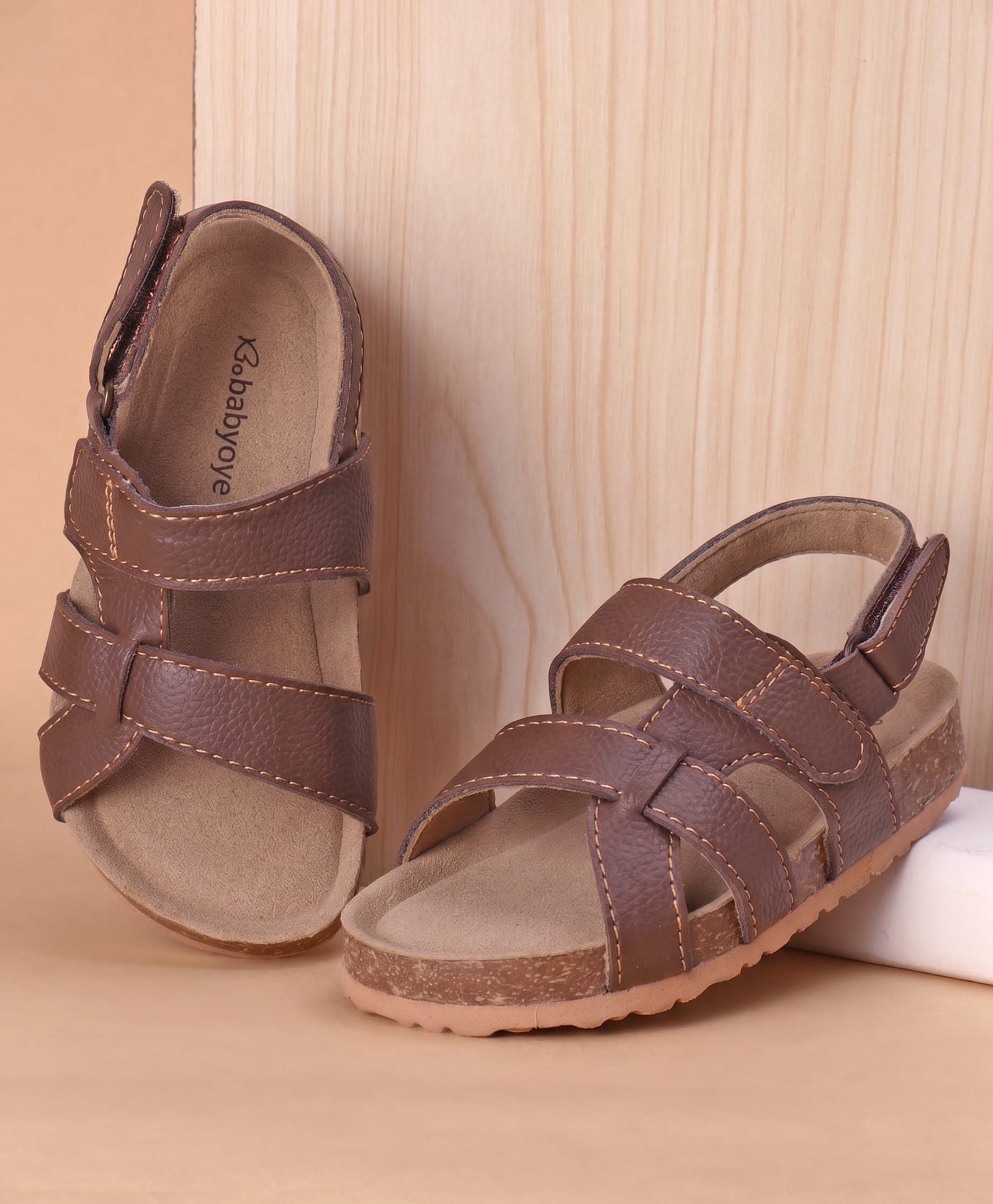 Babyoye Velcro Closure Solid Sandal - Brown-image-15