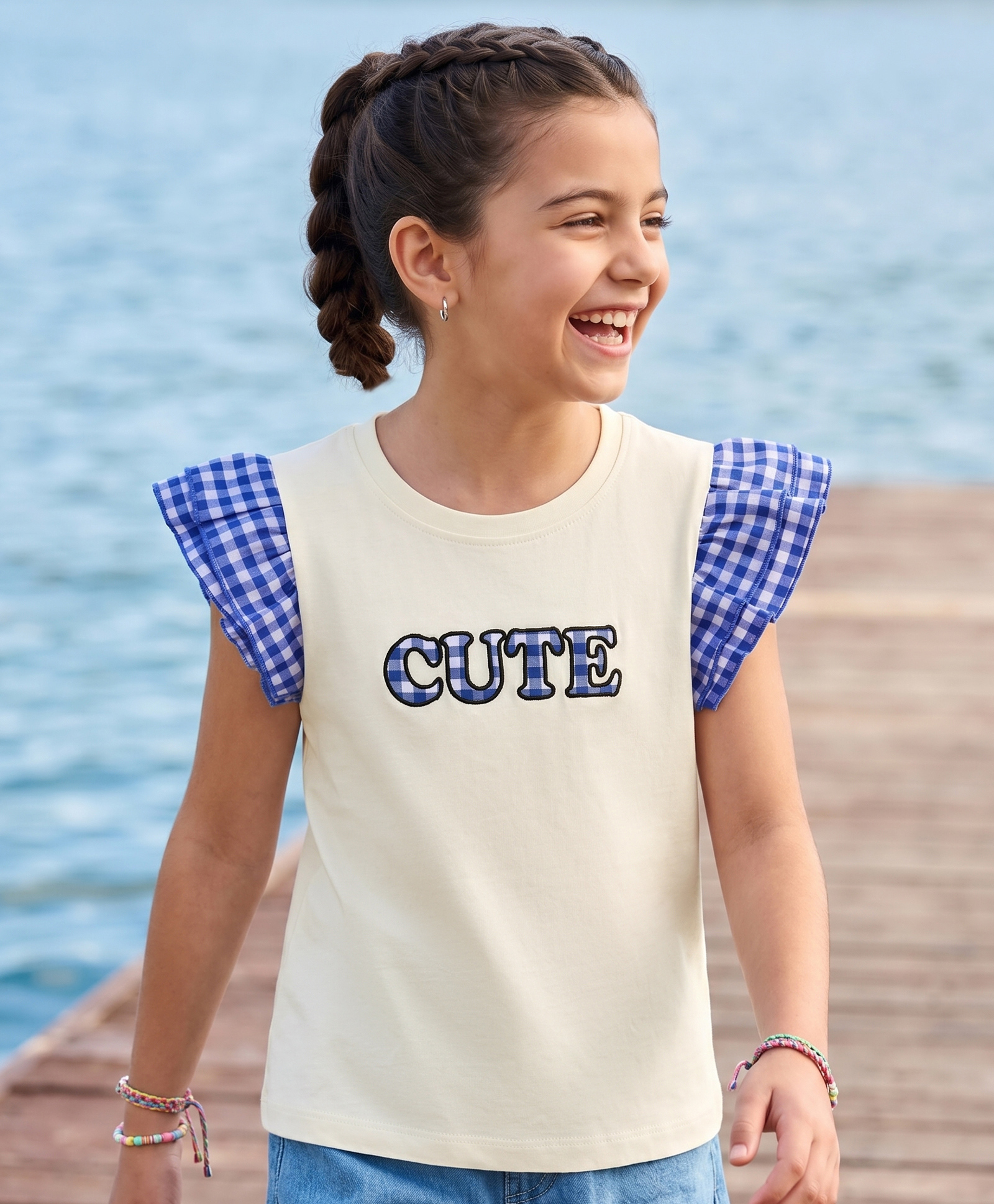 Pine Kids Cotton Knit Top with Ruffled Sleeves and "CUTE" Applique Offwhite 5-6 Years-picture-27