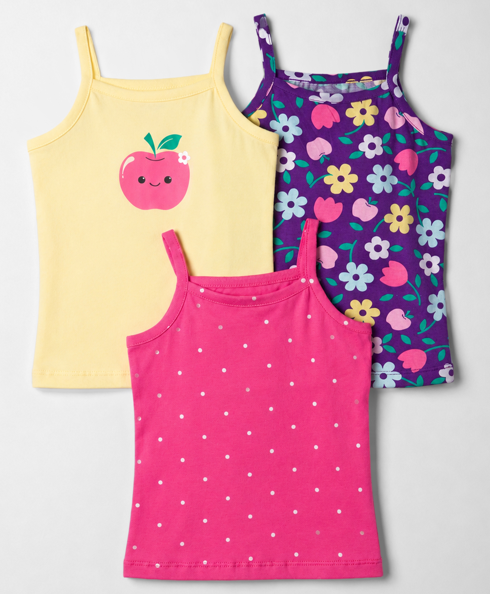 Babyhug 100% Cotton Knit Sleeveless Polka Dots & Floral Printed Slips Pack of 3 - Pink Navy Blue & Lemon-picture-17