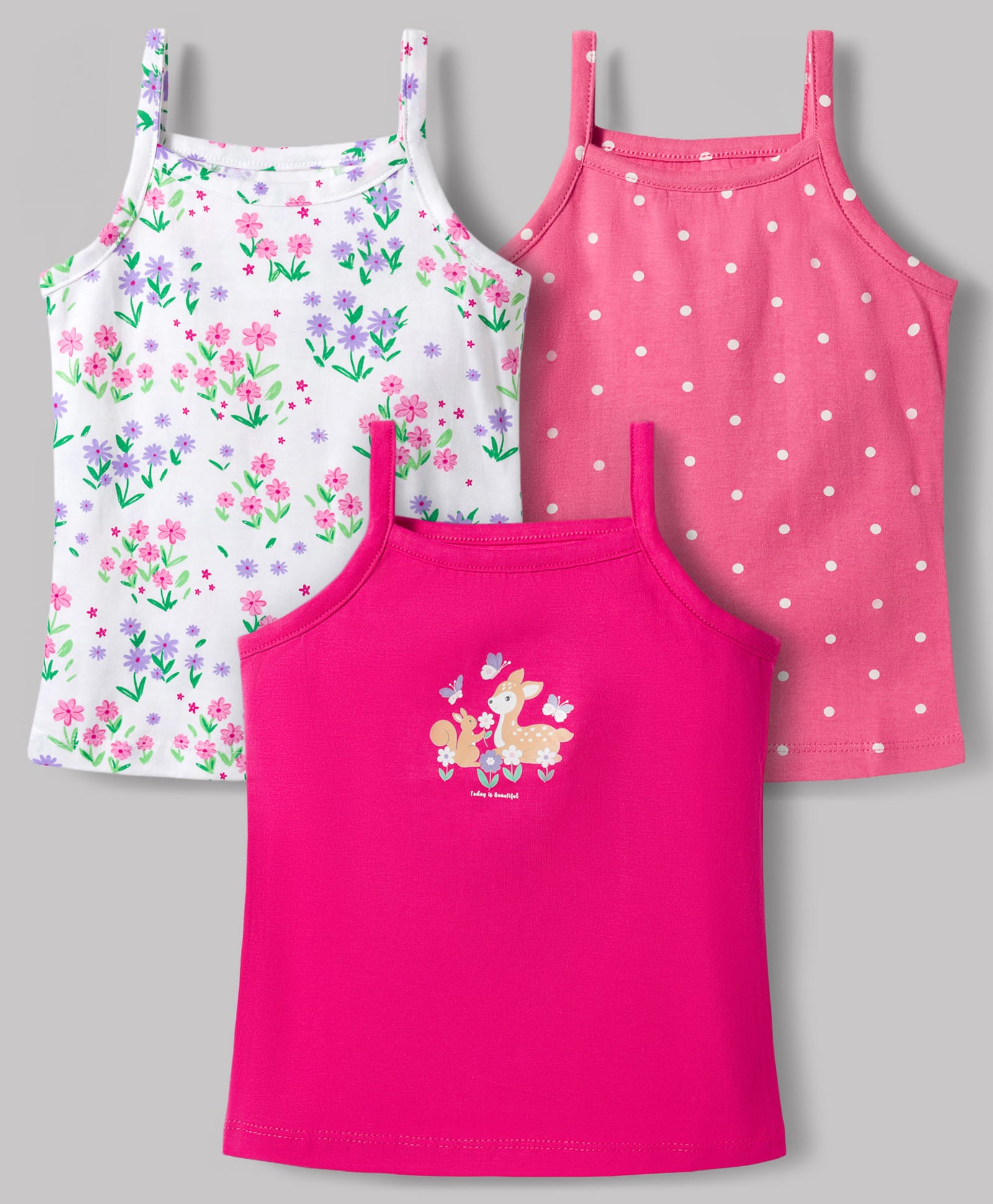 Babyhug 100% Cotton Single Jersey Knit Sleeveless Slips With Polka Dots Floral & Deer Print Pack of 3 - Multicolor-image-18